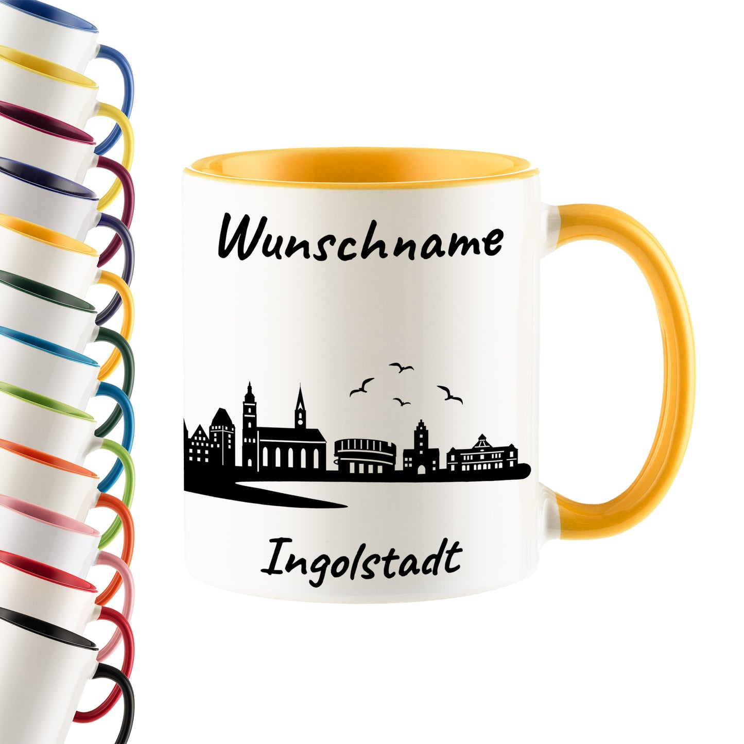 Tasse in Goldgelb 330ml bedruckt mit der Skyline von Ingolstadt personalisierbar mit Wunschname