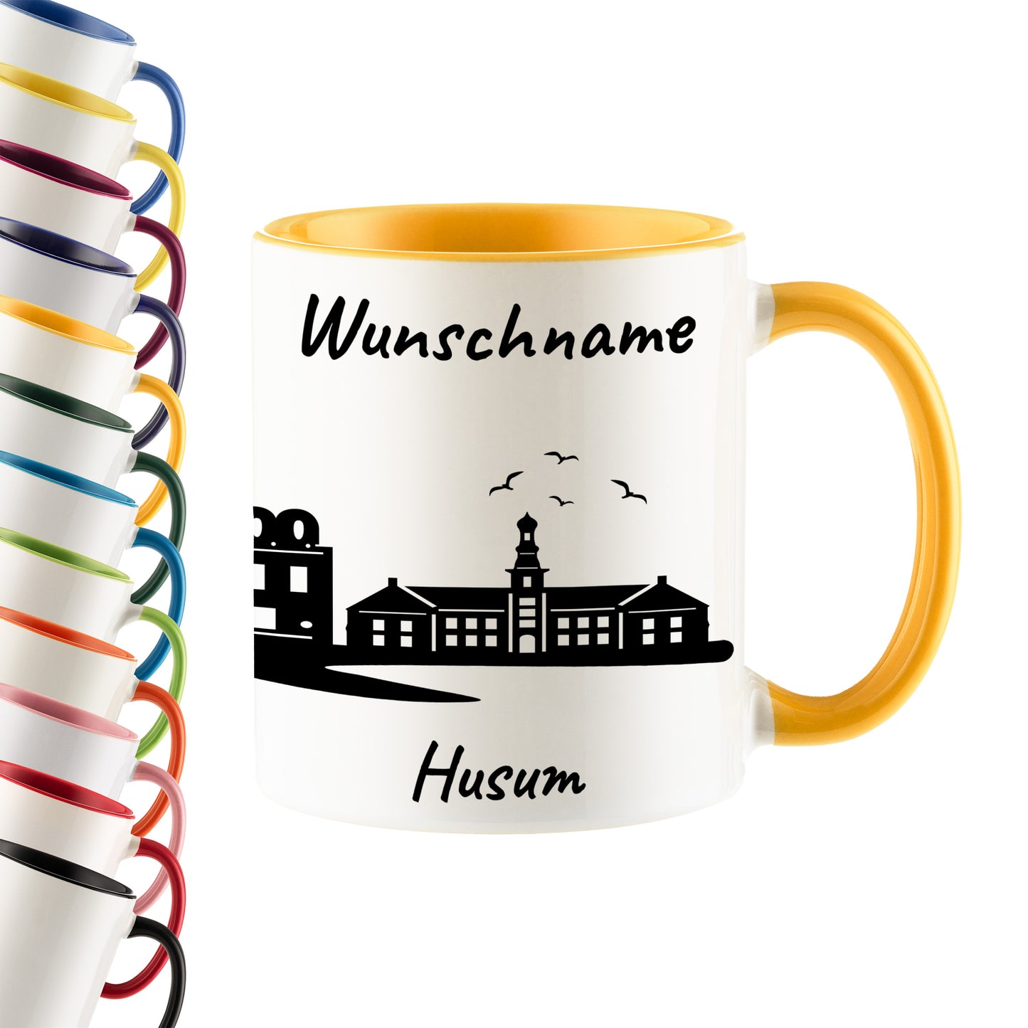 Tasse in Goldgelb 330ml bedruckt mit der Skyline von Husum personalisierbar mit Wunschname