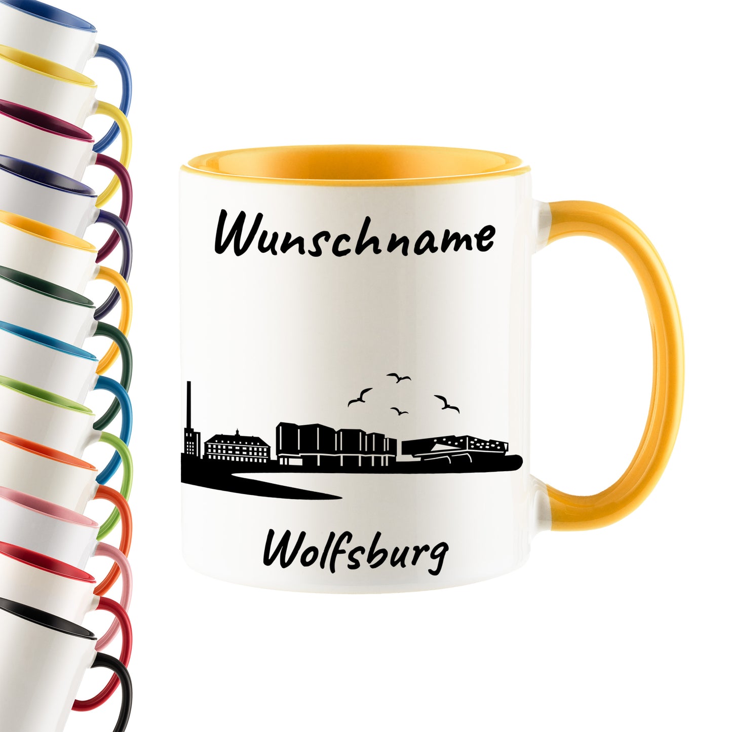 Tasse in Goldgelb 330ml bedruckt mit der Skyline von Wolfsburg personalisierbar mit Wunschname