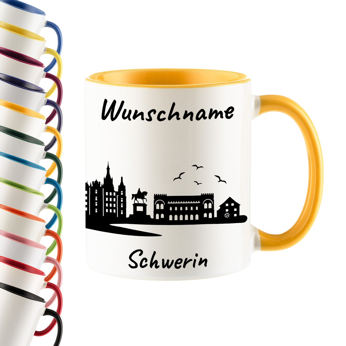 Tasse in Goldgelb 330ml bedruckt mit der Skyline von Schwerin personalisierbar mit Wunschname