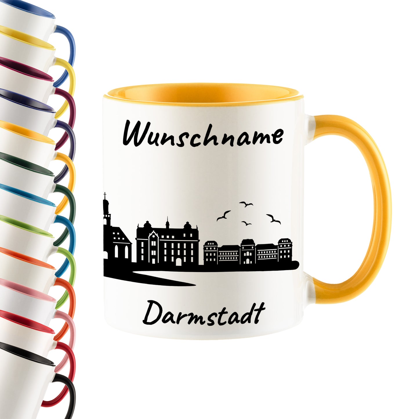 Tasse in Goldgelb 330ml bedruckt mit der Skyline von Darmstadt personalisierbar mit Wunschname