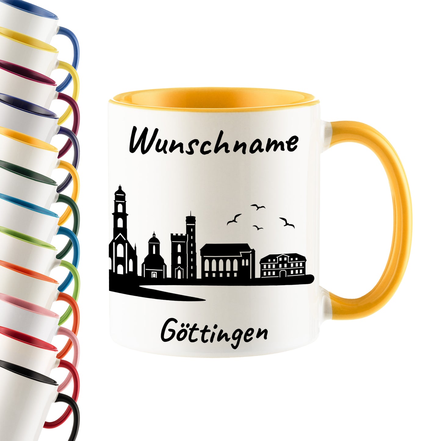Tasse in Goldgelb 330ml bedruckt mit der Skyline von Göttingen personalisierbar mit Wunschname