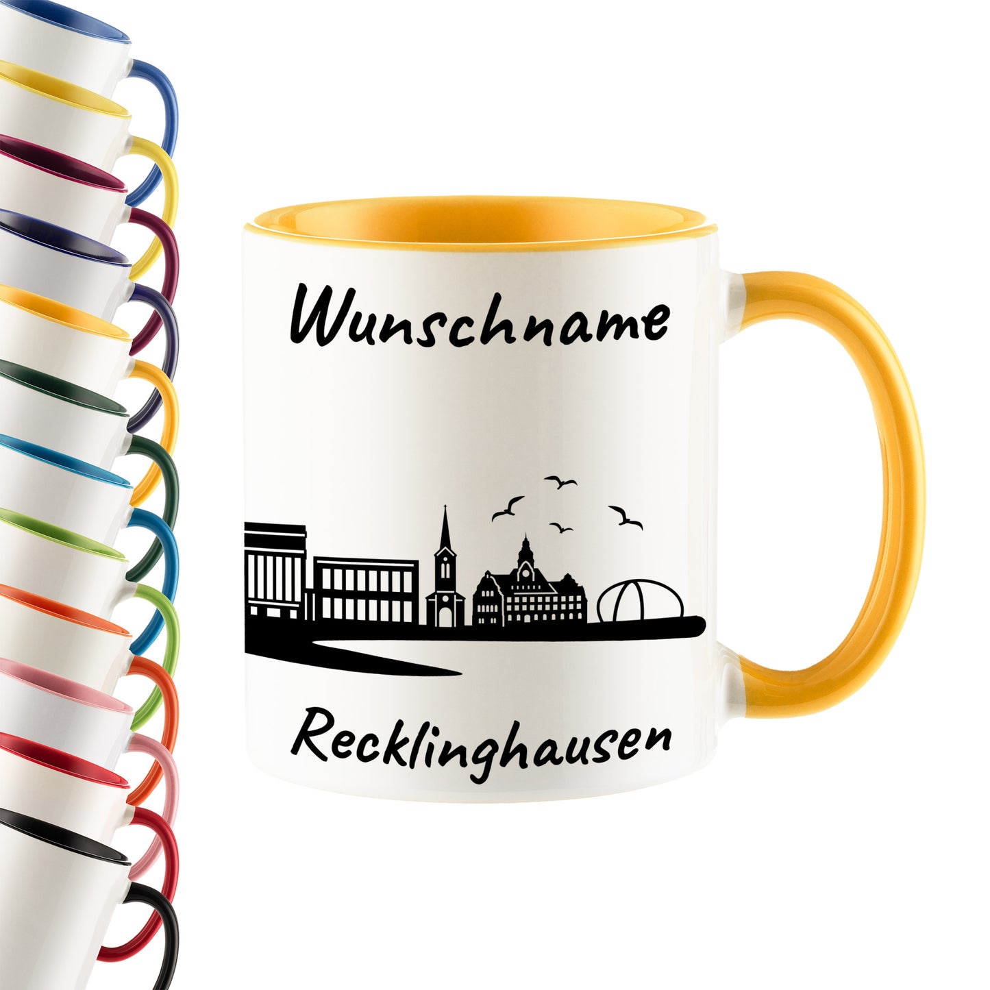 Tasse in Goldgelb 330ml bedruckt mit der Skyline von Recklinghausen personalisierbar mit Wunschname