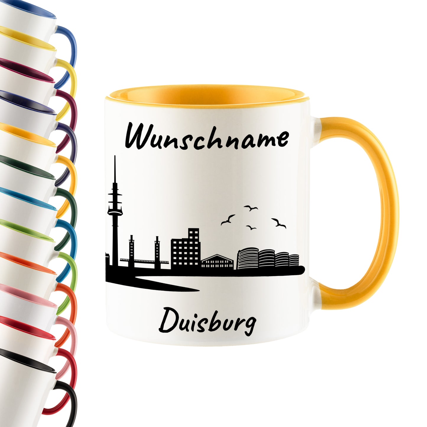 Tasse in Goldgelb 330ml bedruckt mit der Skyline von Duisburg personalisierbar mit Wunschname