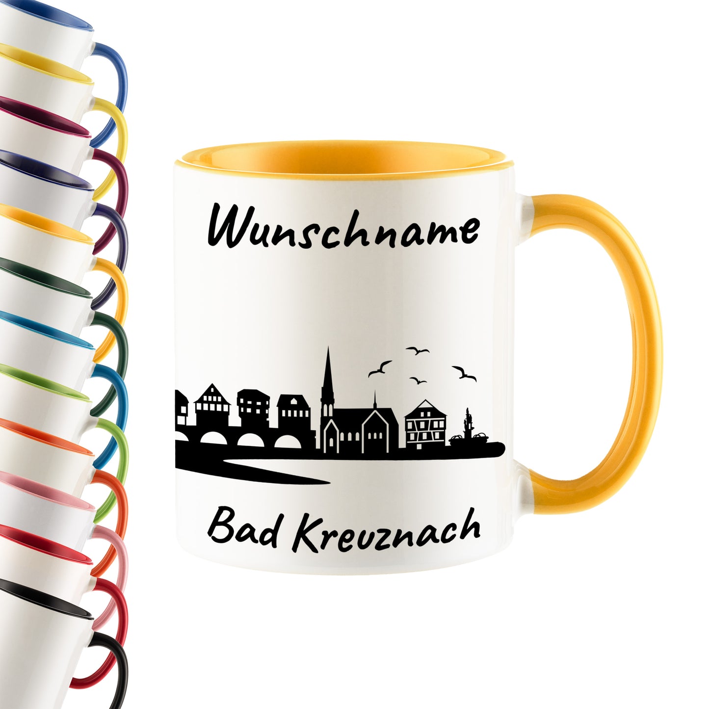 Tasse in Goldgelb 330ml bedruckt mit der Skyline von Bad Kreuznach personalisierbar mit Wunschname