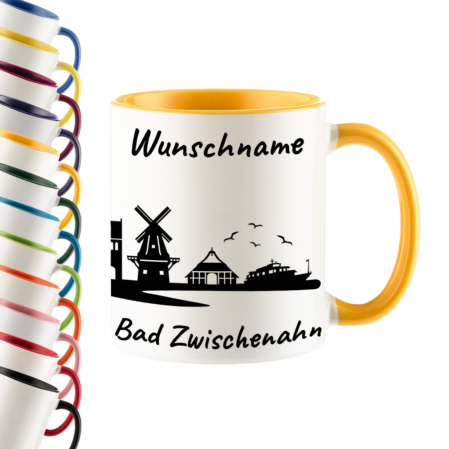 Tasse in Goldgelb 330ml bedruckt mit der Skyline von Bad Zwischenahn personalisierbar mit Wunschname