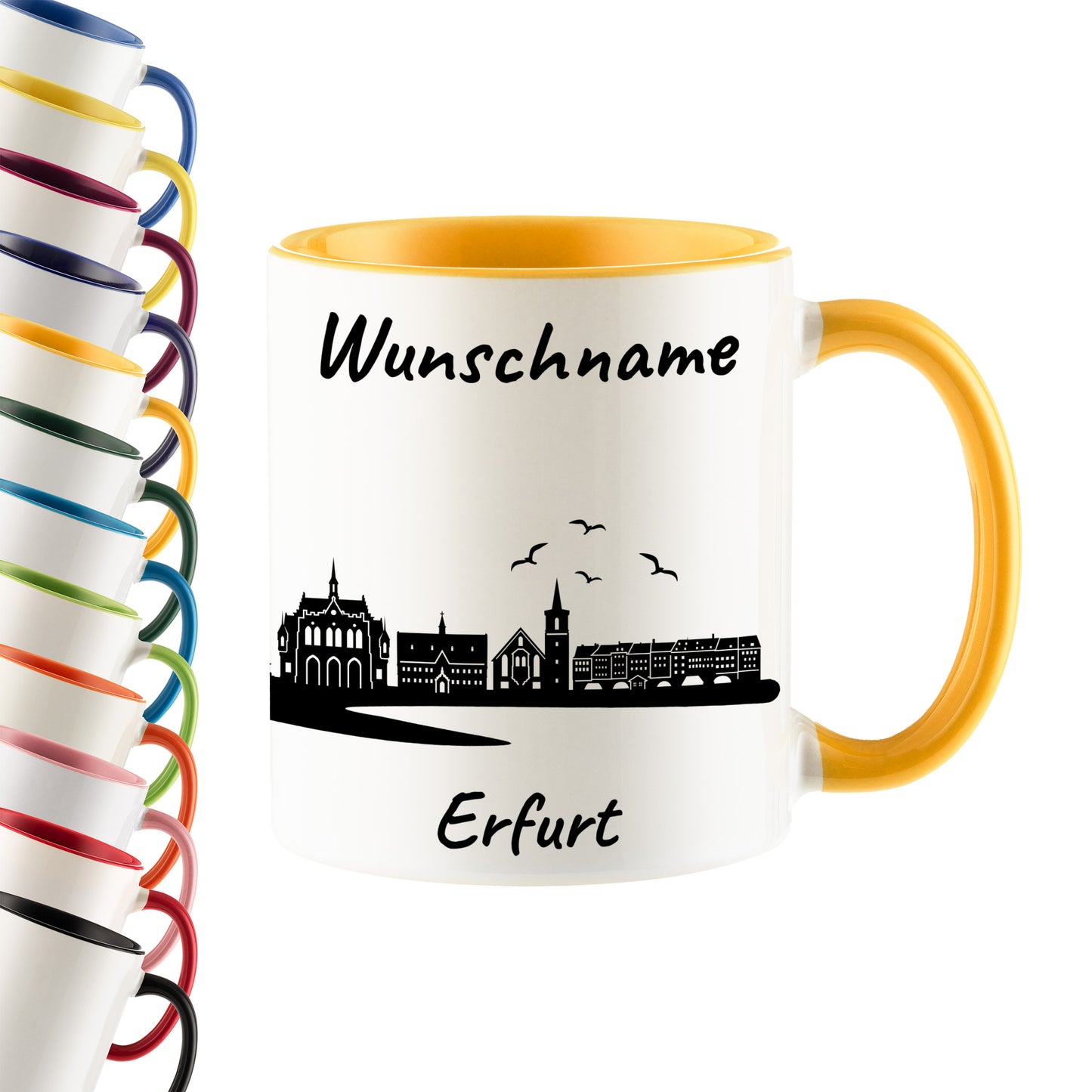 Tasse in Goldgelb 330ml bedruckt mit der Skyline von Erfurt personalisierbar mit Wunschname