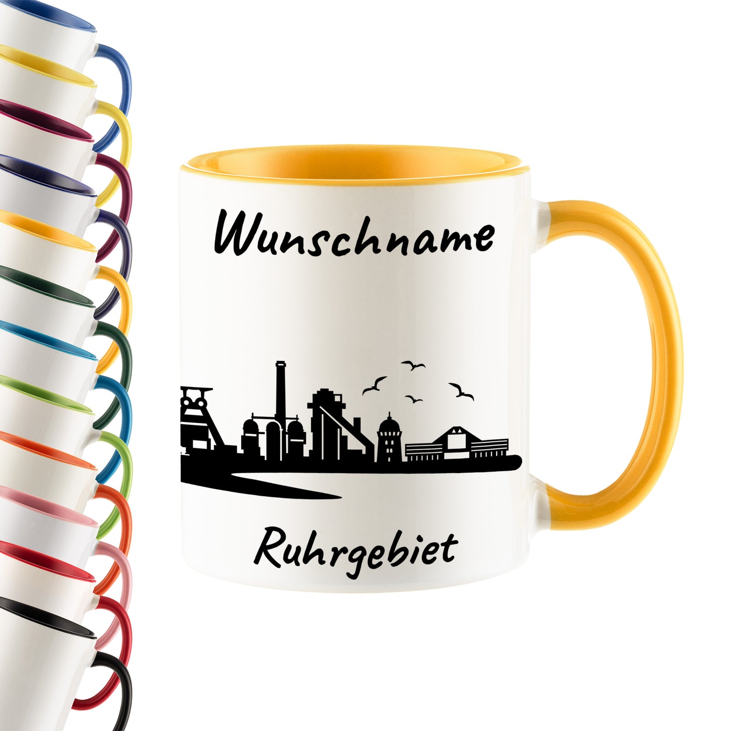 Tasse in Goldgelb 330ml bedruckt mit der Skyline von Ruhrgebiet personalisierbar mit Wunschname