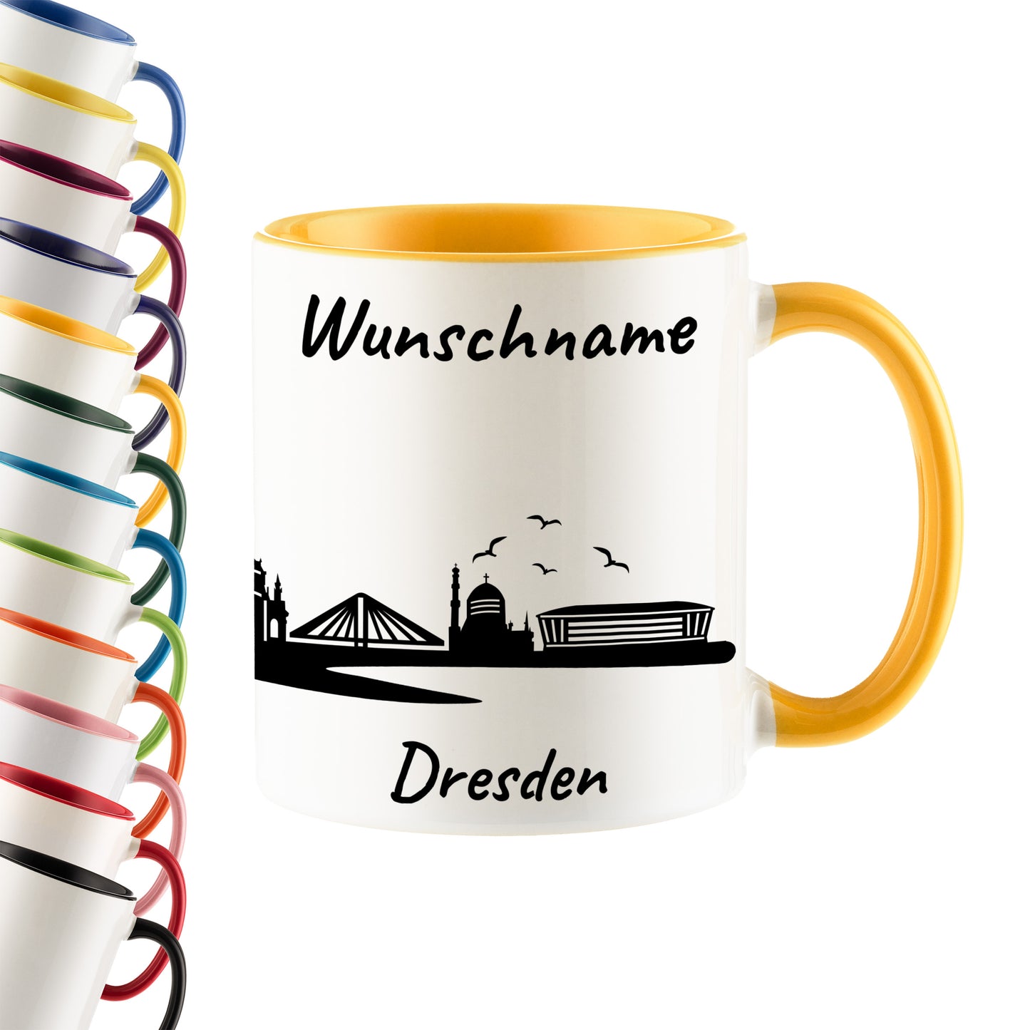 Tasse in Goldgelb 330ml bedruckt mit der Skyline von Dresden personalisierbar mit Wunschname