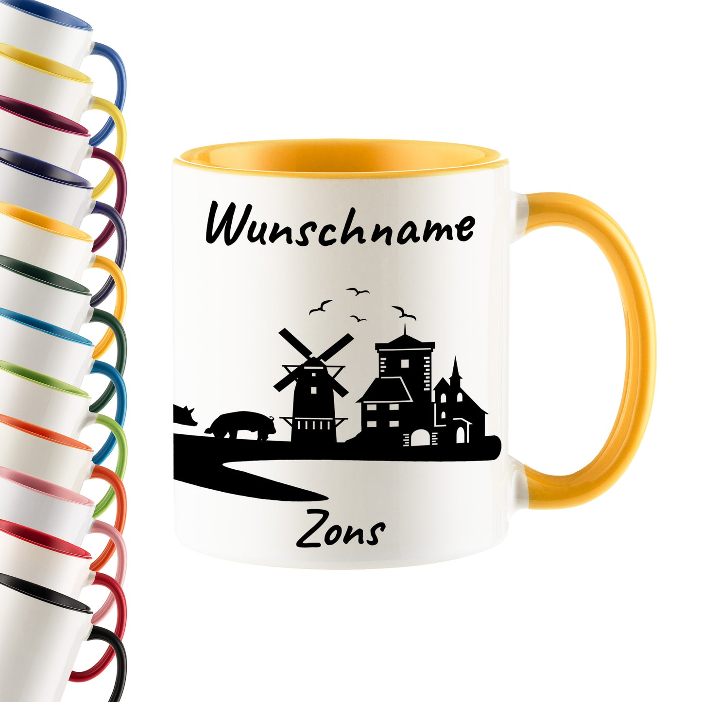 Tasse in Goldgelb 330ml bedruckt mit der Skyline von Zons (Dormagen) personalisierbar mit Wunschname