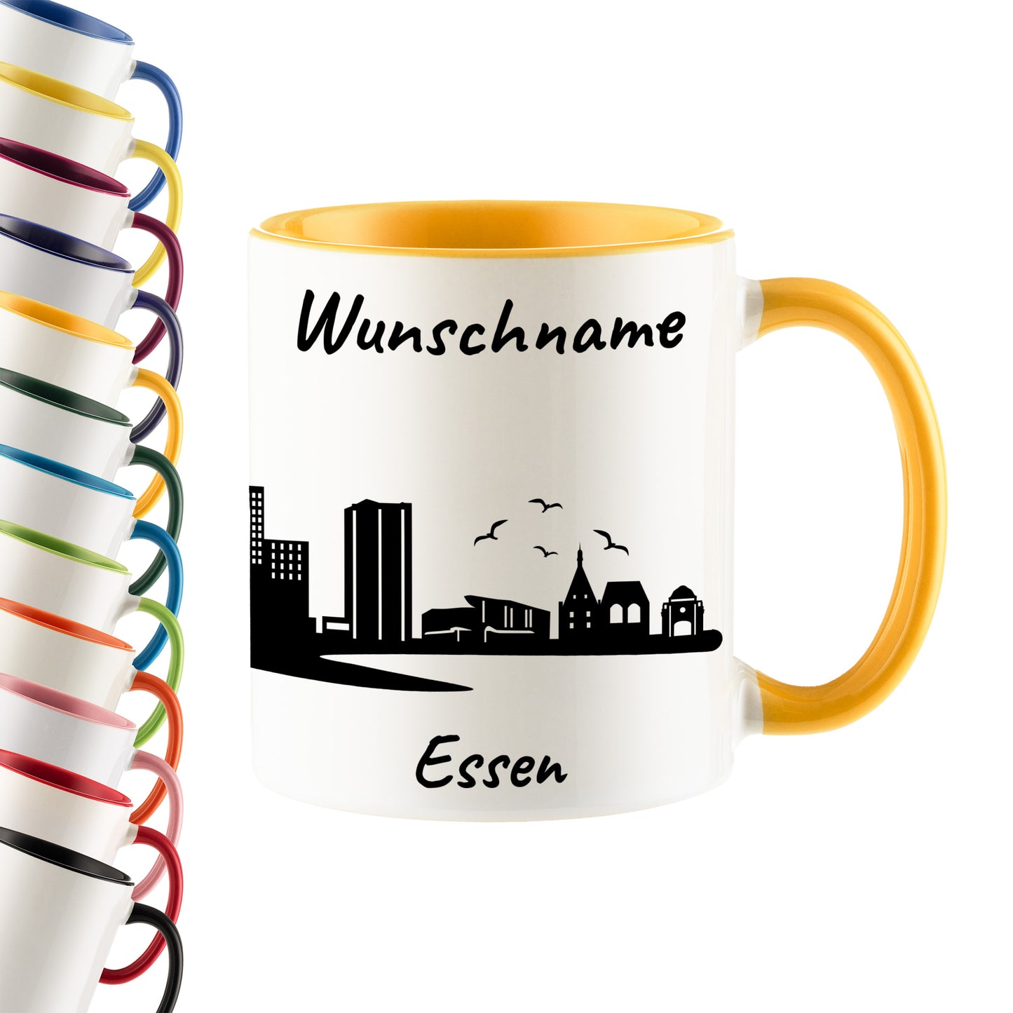 Tasse in Goldgelb 330ml bedruckt mit der Skyline von Essen personalisierbar mit Wunschname