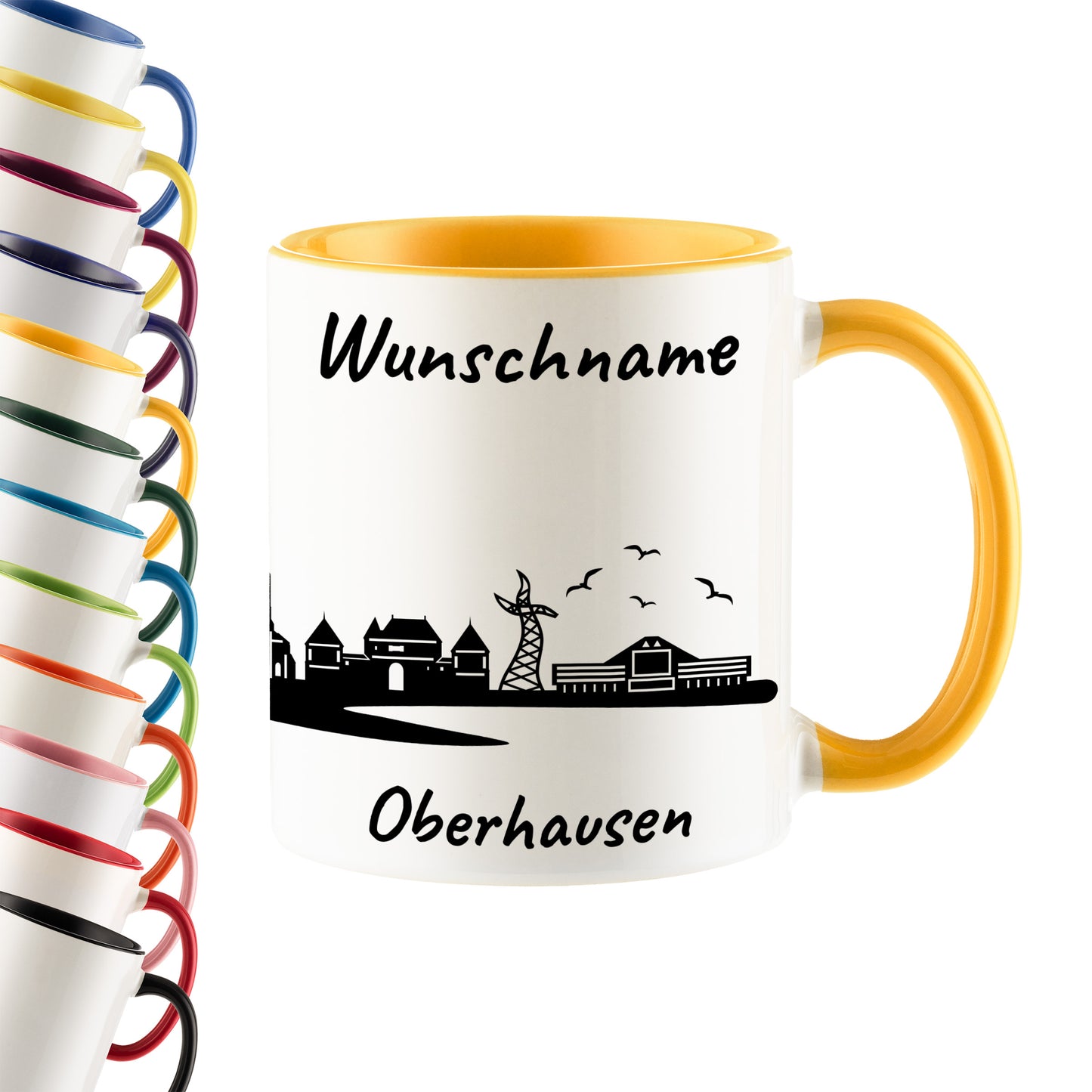 Tasse in Goldgelb 330ml bedruckt mit der Skyline von Oberhausen personalisierbar mit Wunschname