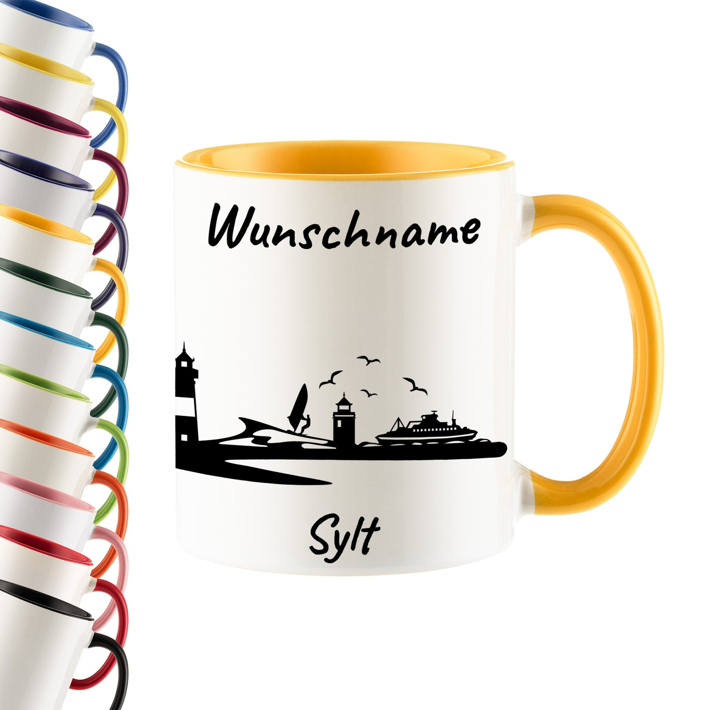 Tasse in Goldgelb 330ml bedruckt mit der Skyline von Sylt personalisierbar mit Wunschname