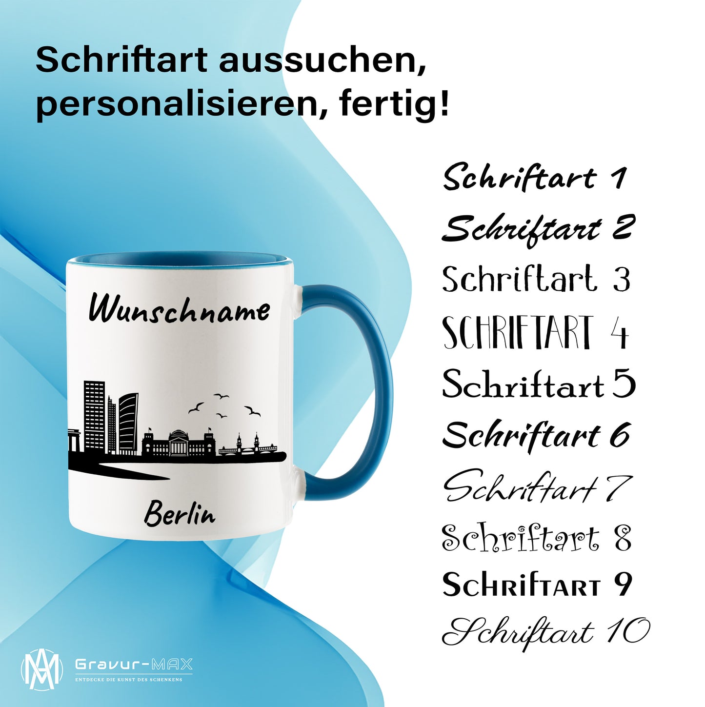 Tasse in Hellblau 330ml bedruckt mit der Skyline von Berlin personalisierbar mit Wunschname