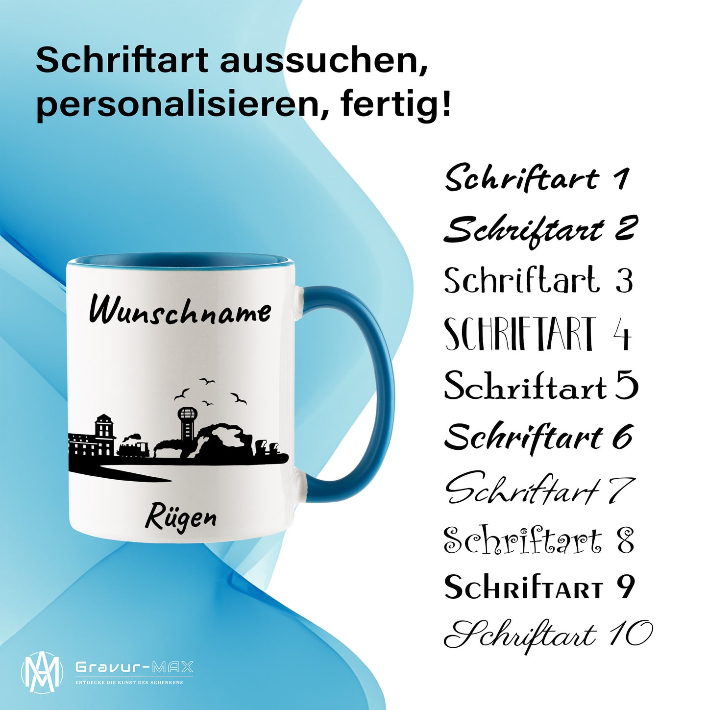 Tasse in Hellblau 330ml bedruckt mit der Skyline von Rügen personalisierbar mit Wunschname