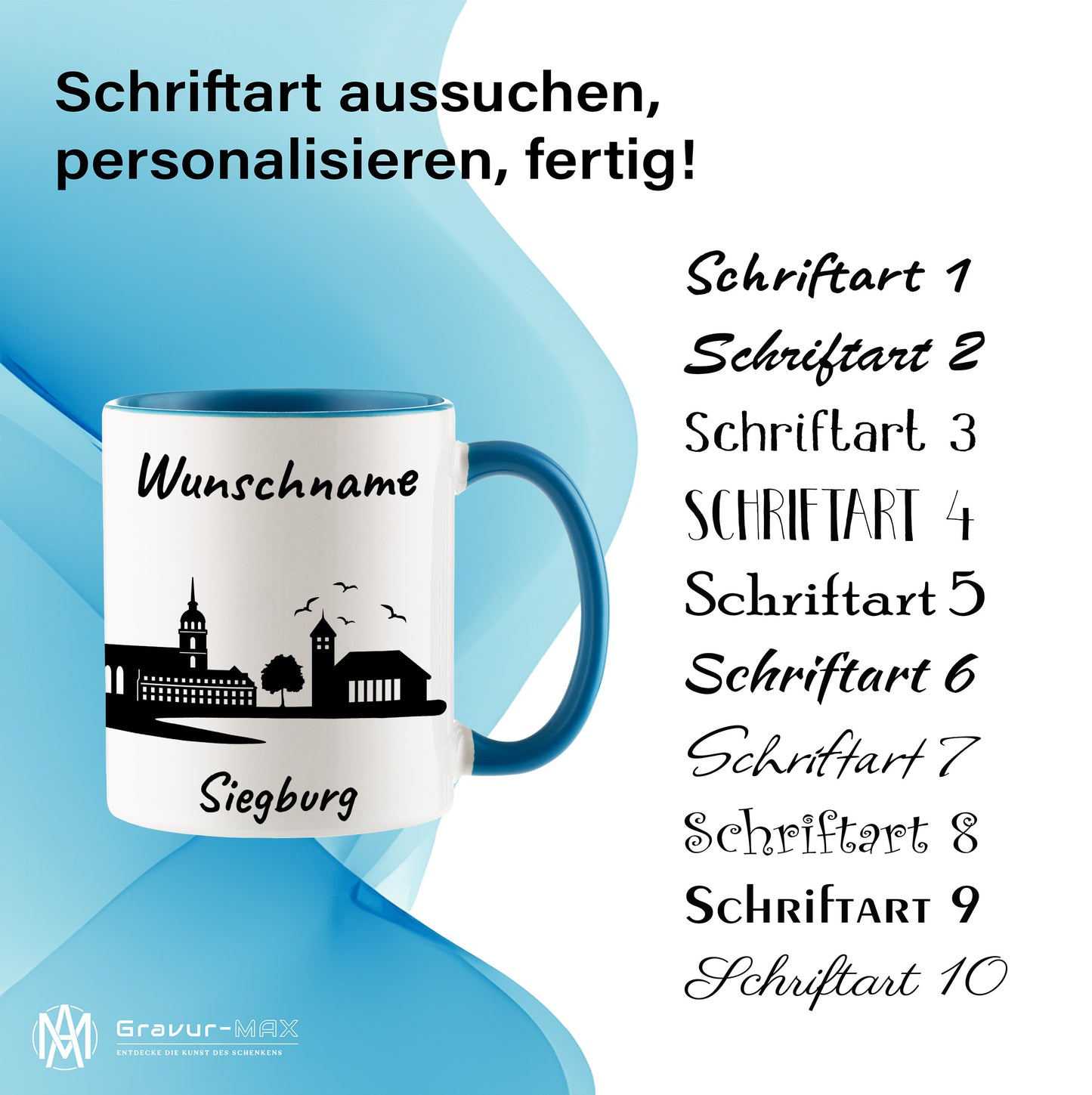 Tasse in Hellblau 330ml bedruckt mit der Skyline von Siegburg personalisierbar mit Wunschname