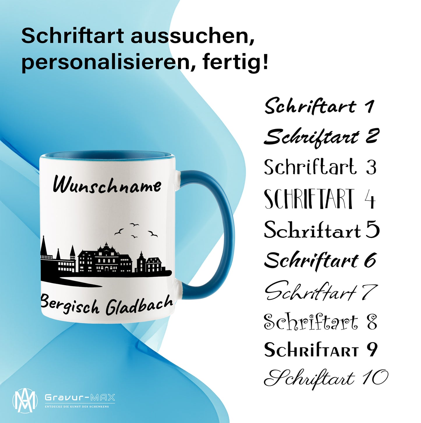 Tasse in Hellblau 330ml bedruckt mit der Skyline von Bergisch Gladbach personalisierbar mit Wunschname