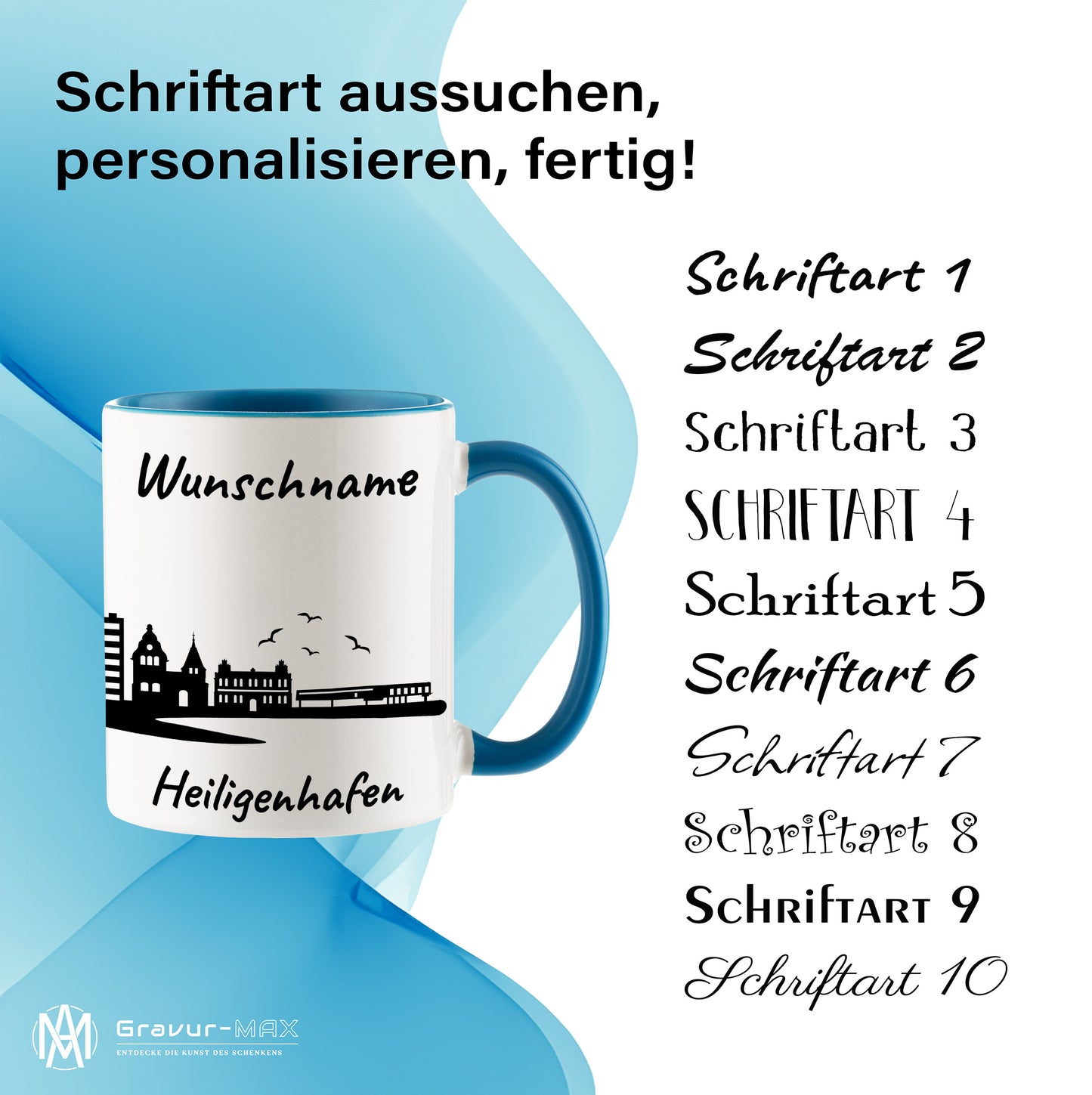 Tasse in Hellblau 330ml bedruckt mit der Skyline von Heiligenhafen personalisierbar mit Wunschname
