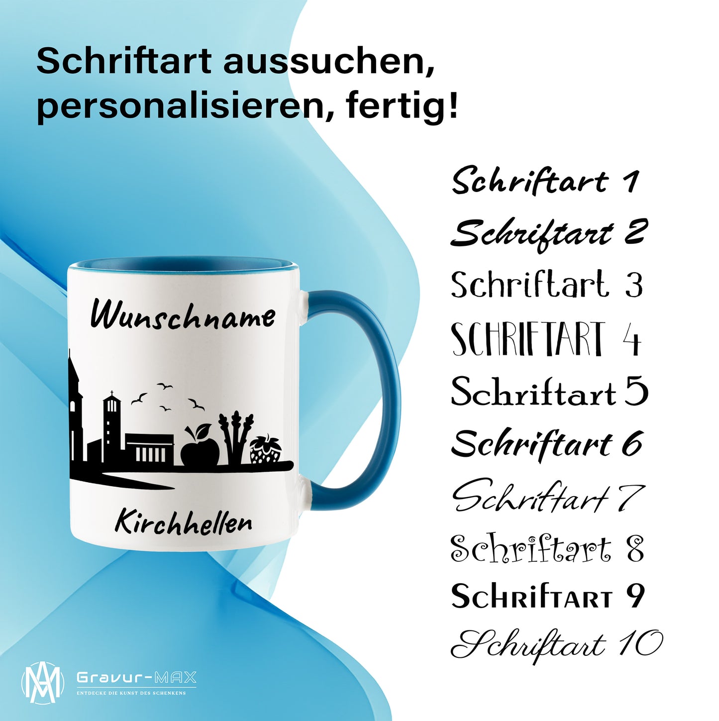 Tasse in Hellblau 330ml bedruckt mit der Skyline von Kirchhellen personalisierbar mit Wunschname