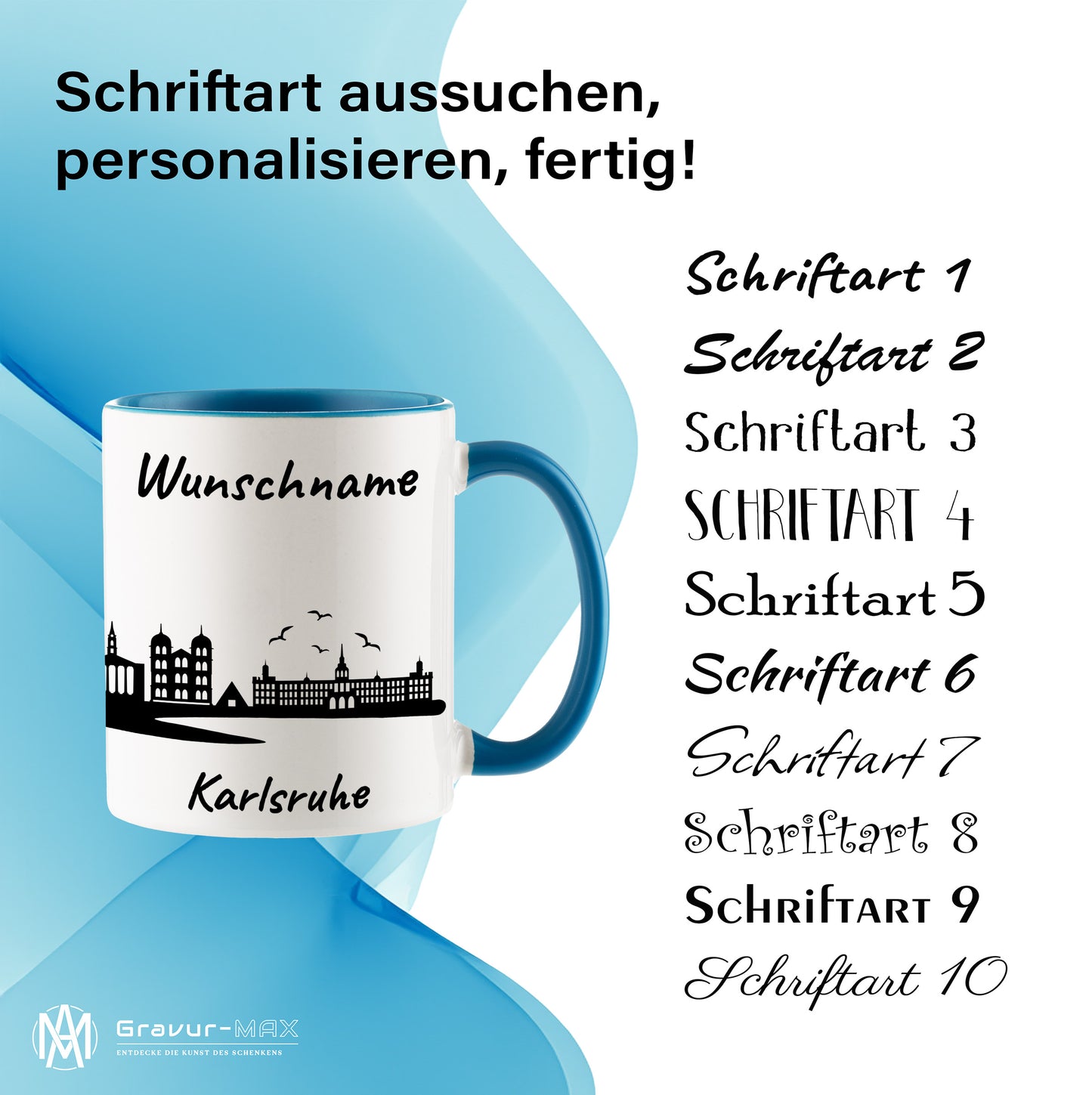 Tasse in Hellblau 330ml bedruckt mit der Skyline von Karlsruhe personalisierbar mit Wunschname