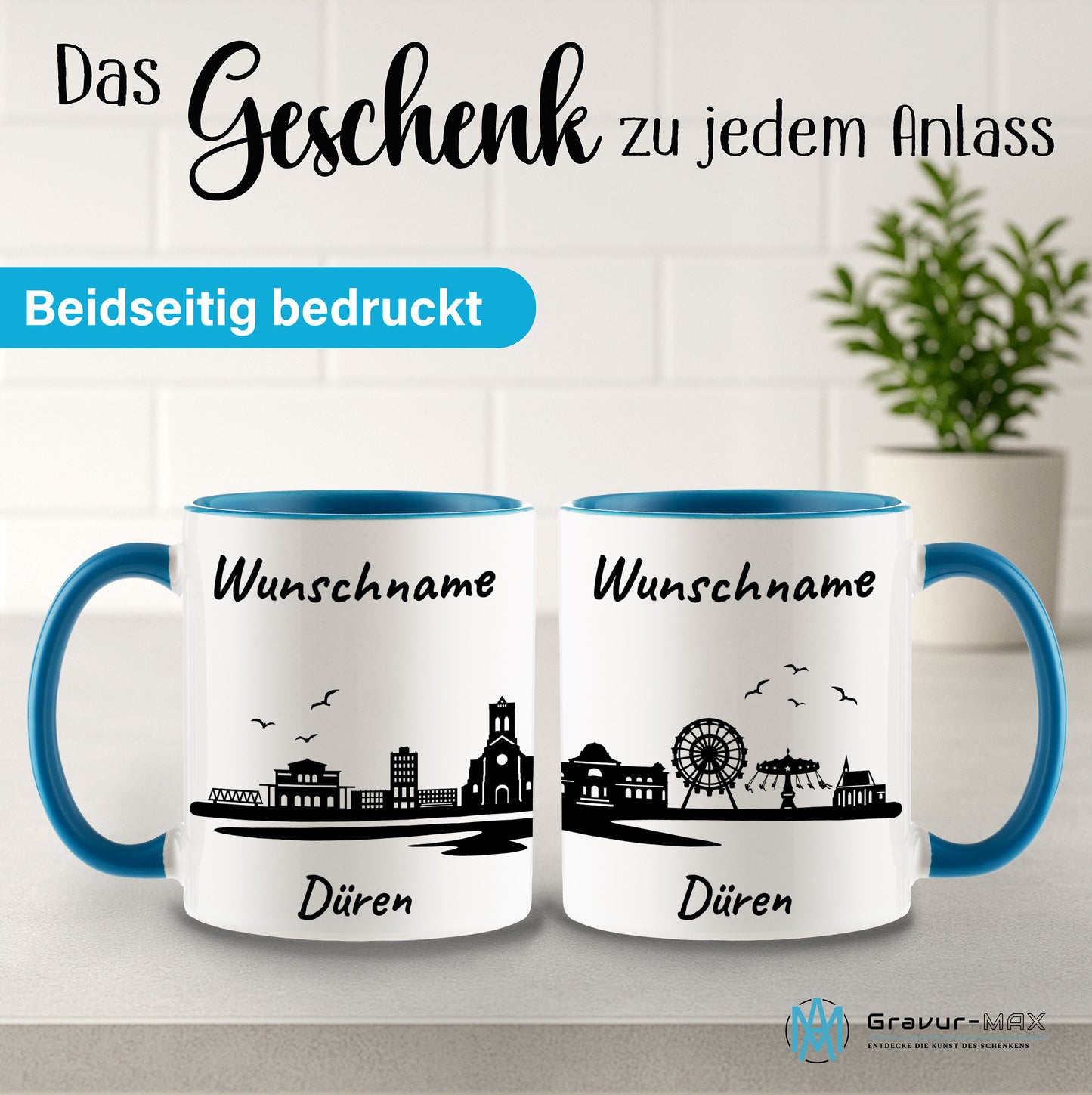 Tasse in Hellblau 330ml bedruckt mit der Skyline von Düren personalisierbar mit Wunschname
