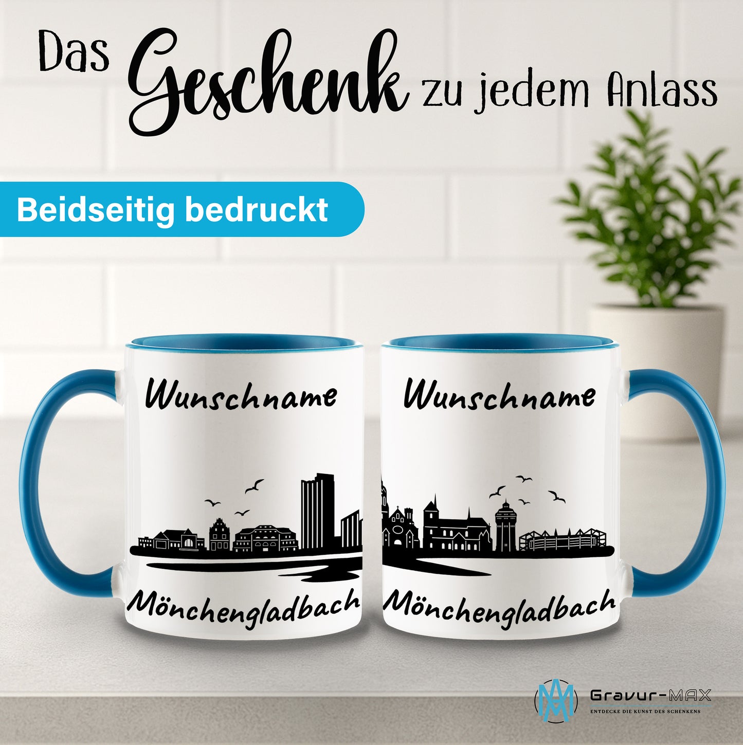 Tasse in Hellblau 330ml bedruckt mit der Skyline von Mönchengladbach personalisierbar mit Wunschname