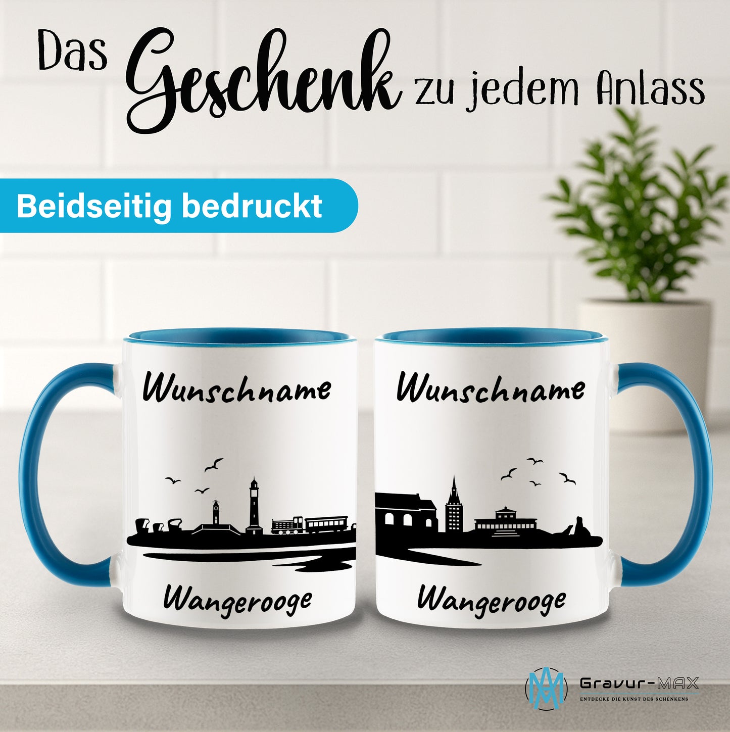 Tasse in Hellblau 330ml bedruckt mit der Skyline von Wangerooge personalisierbar mit Wunschname