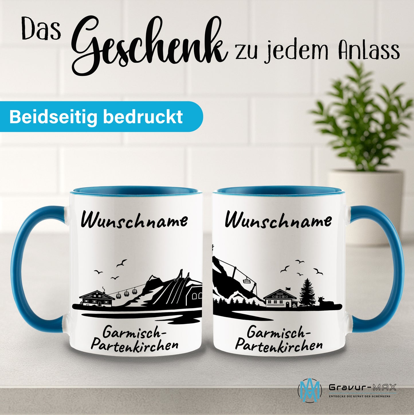 Tasse in Hellblau 330ml bedruckt mit der Skyline von Garmisch-Partenkirchen personalisierbar mit Wunschname