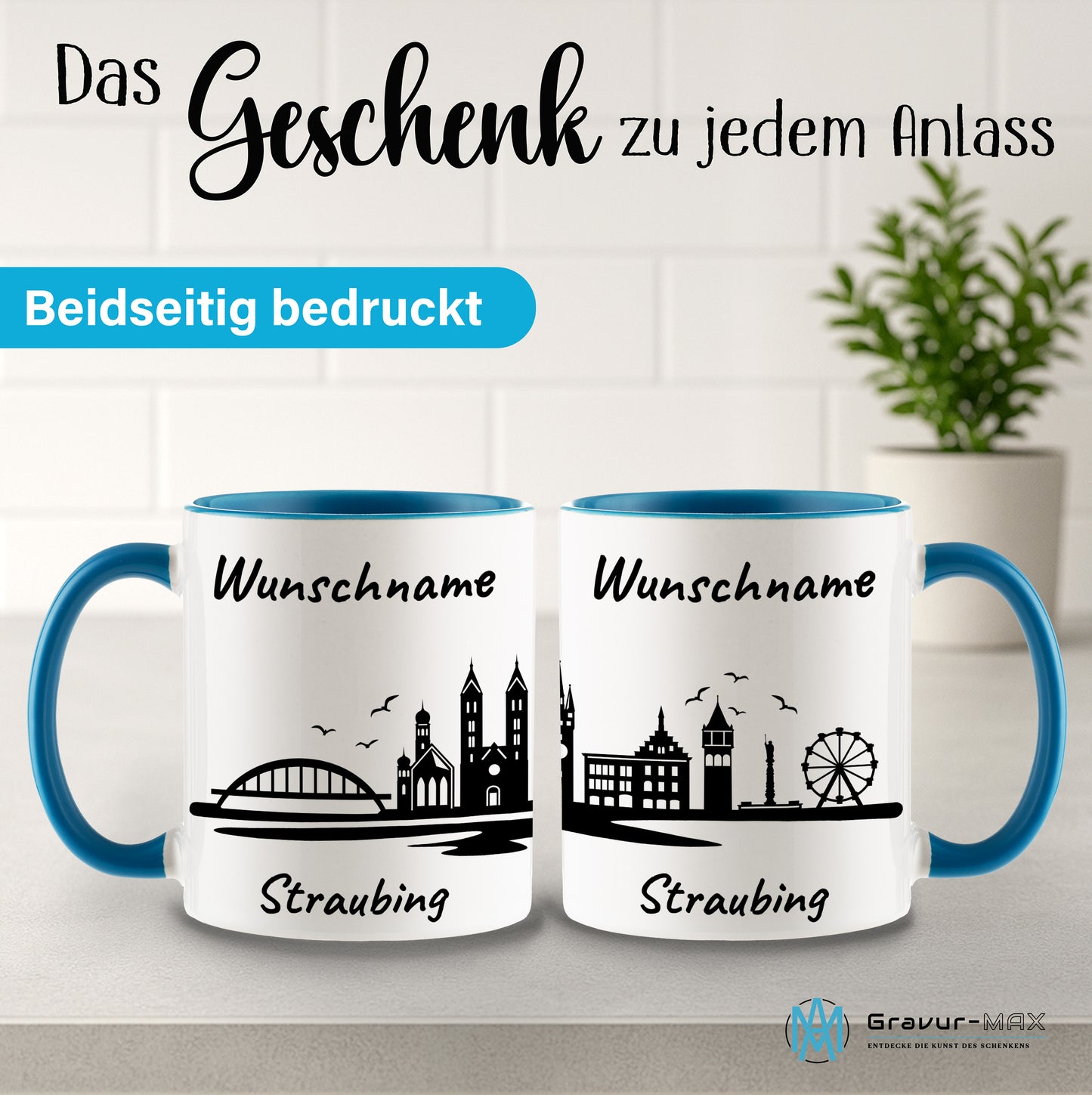 Tasse in Hellblau 330ml bedruckt mit der Skyline von Straubing personalisierbar mit Wunschname