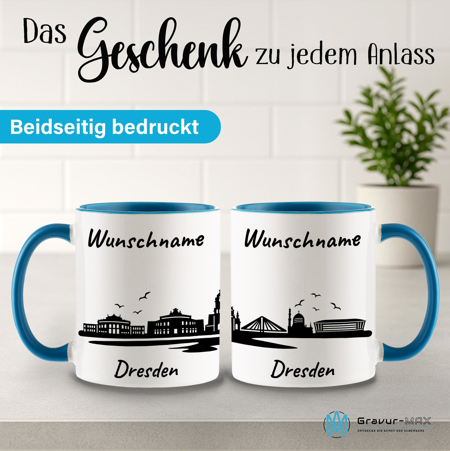 Tasse in Hellblau 330ml bedruckt mit der Skyline von Dresden personalisierbar mit Wunschname