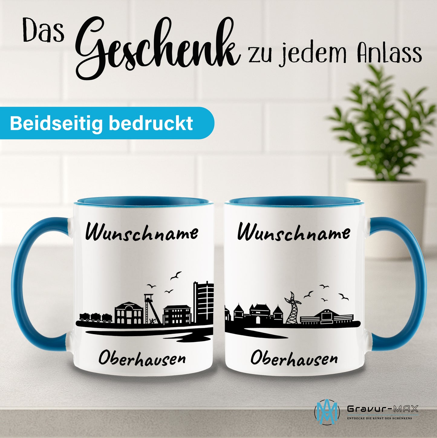 Tasse in Hellblau 330ml bedruckt mit der Skyline von Oberhausen personalisierbar mit Wunschname