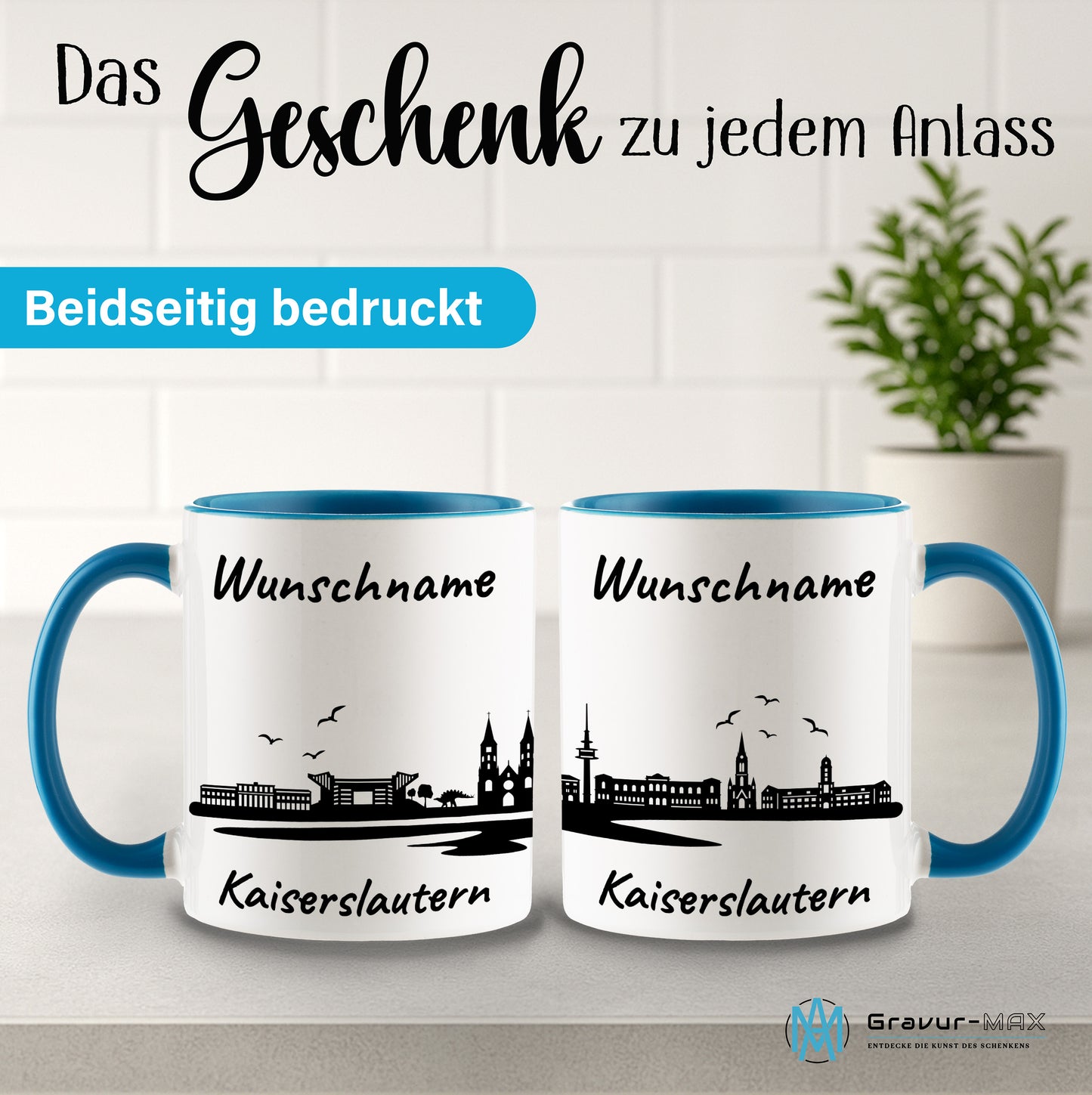 Tasse in Hellblau 330ml bedruckt mit der Skyline von Kaiserslautern personalisierbar mit Wunschname