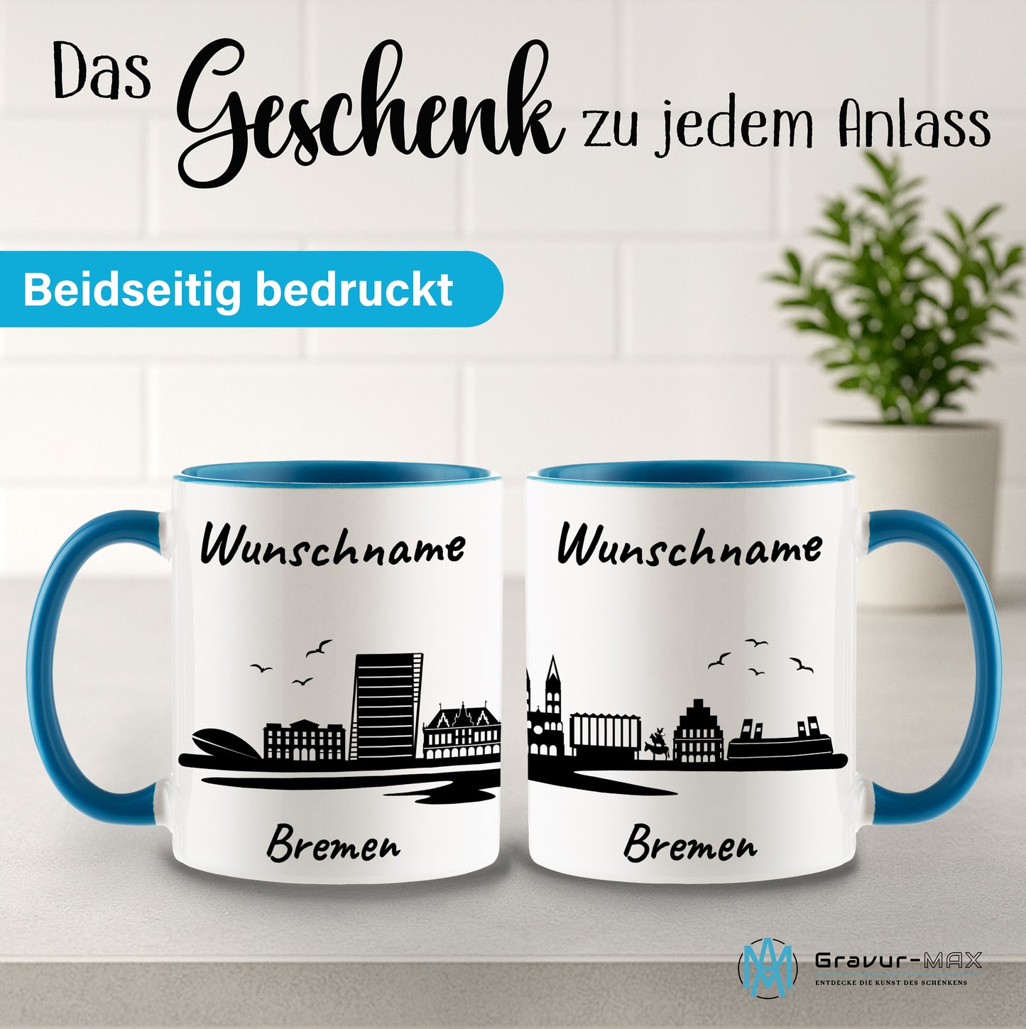 Tasse in Hellblau 330ml bedruckt mit der Skyline von Bremen personalisierbar mit Wunschname