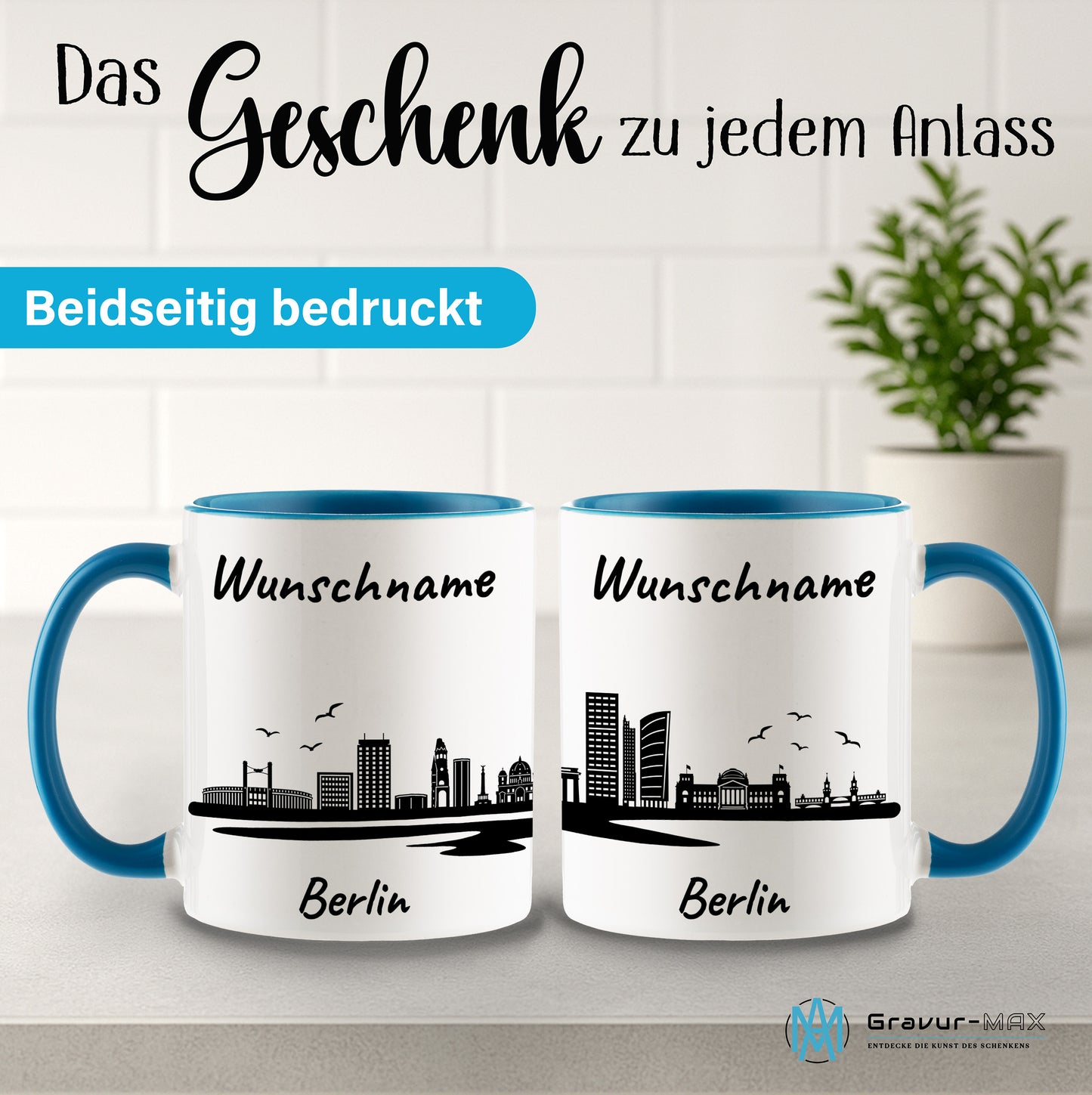 Tasse in Hellblau 330ml bedruckt mit der Skyline von Berlin personalisierbar mit Wunschname