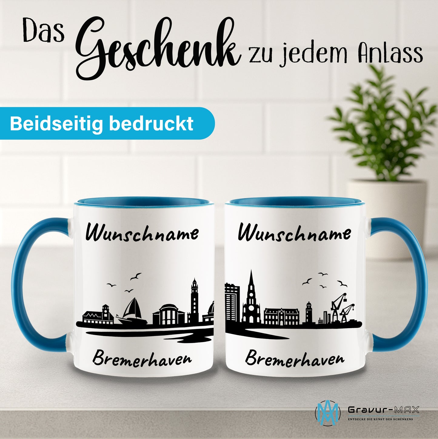 Tasse in Hellblau 330ml bedruckt mit der Skyline von Bremerhaven personalisierbar mit Wunschname
