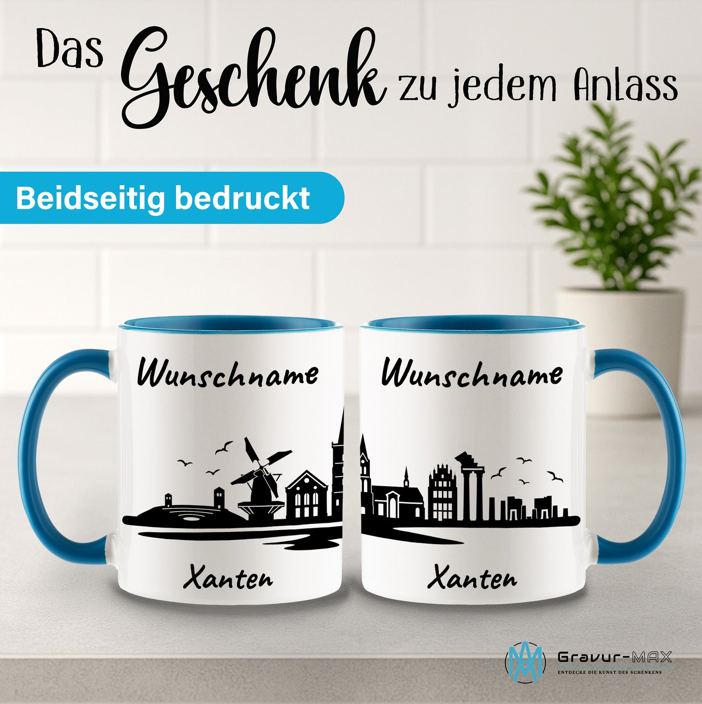 Tasse in Hellblau 330ml bedruckt mit der Skyline von Xanten personalisierbar mit Wunschname