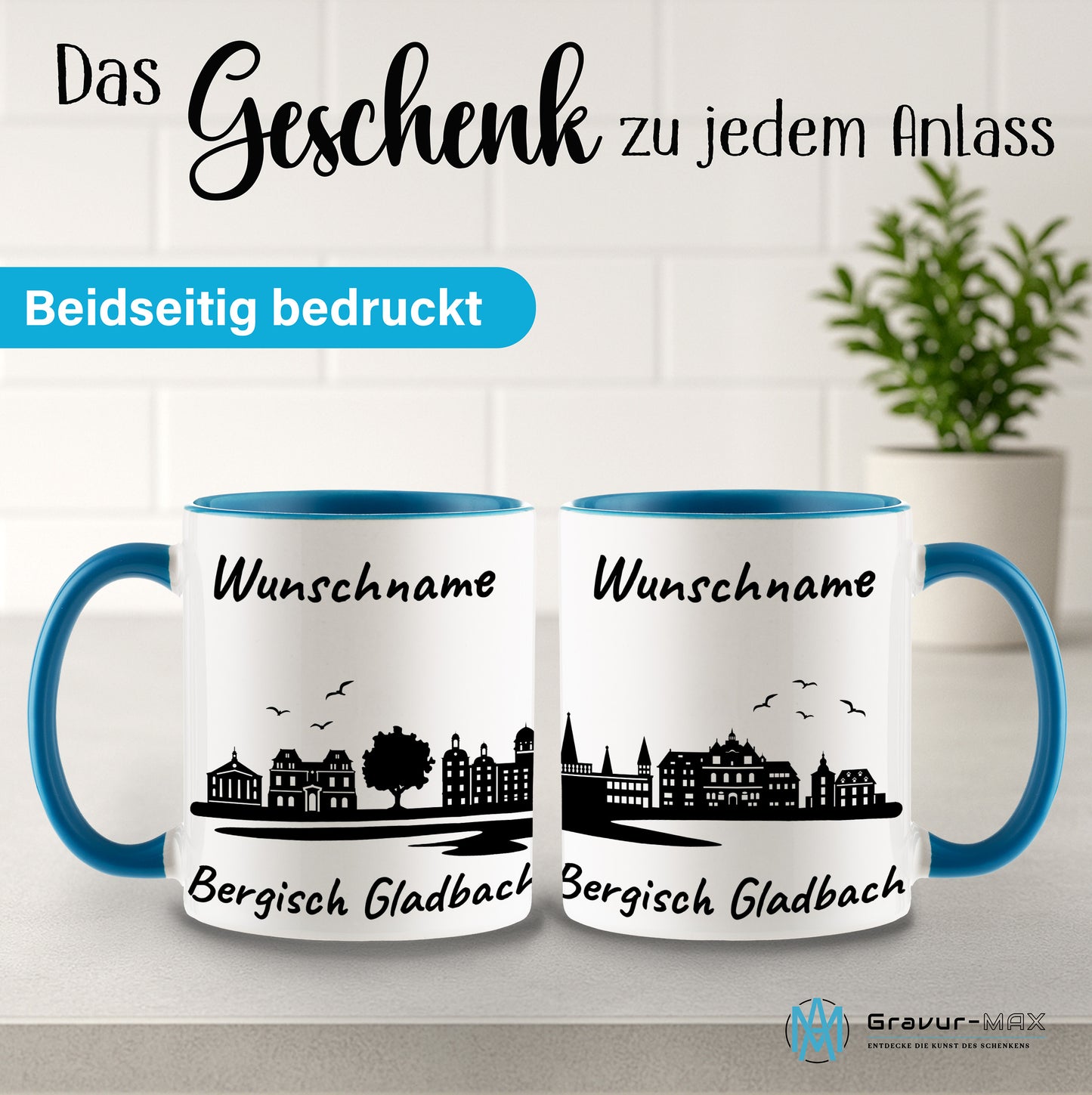 Tasse in Hellblau 330ml bedruckt mit der Skyline von Bergisch Gladbach personalisierbar mit Wunschname