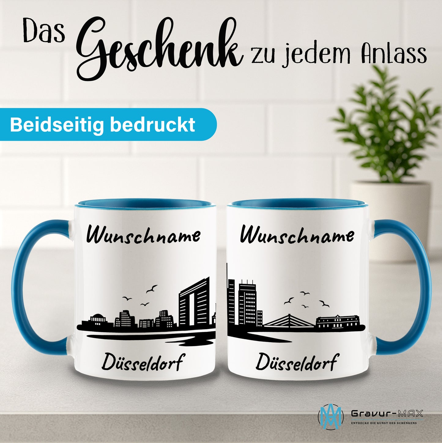 Tasse in Hellblau 330ml bedruckt mit der Skyline von Düsseldorf personalisierbar mit Wunschname