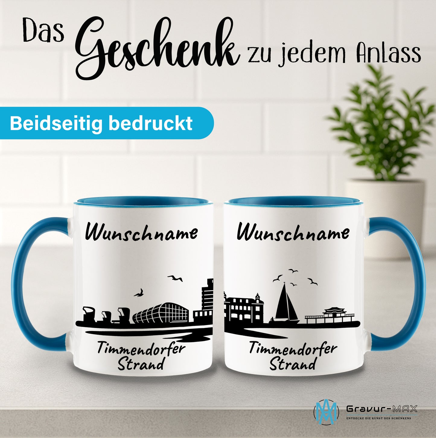 Tasse in Hellblau 330ml bedruckt mit der Skyline von Timmendorfer Strand personalisierbar mit Wunschname