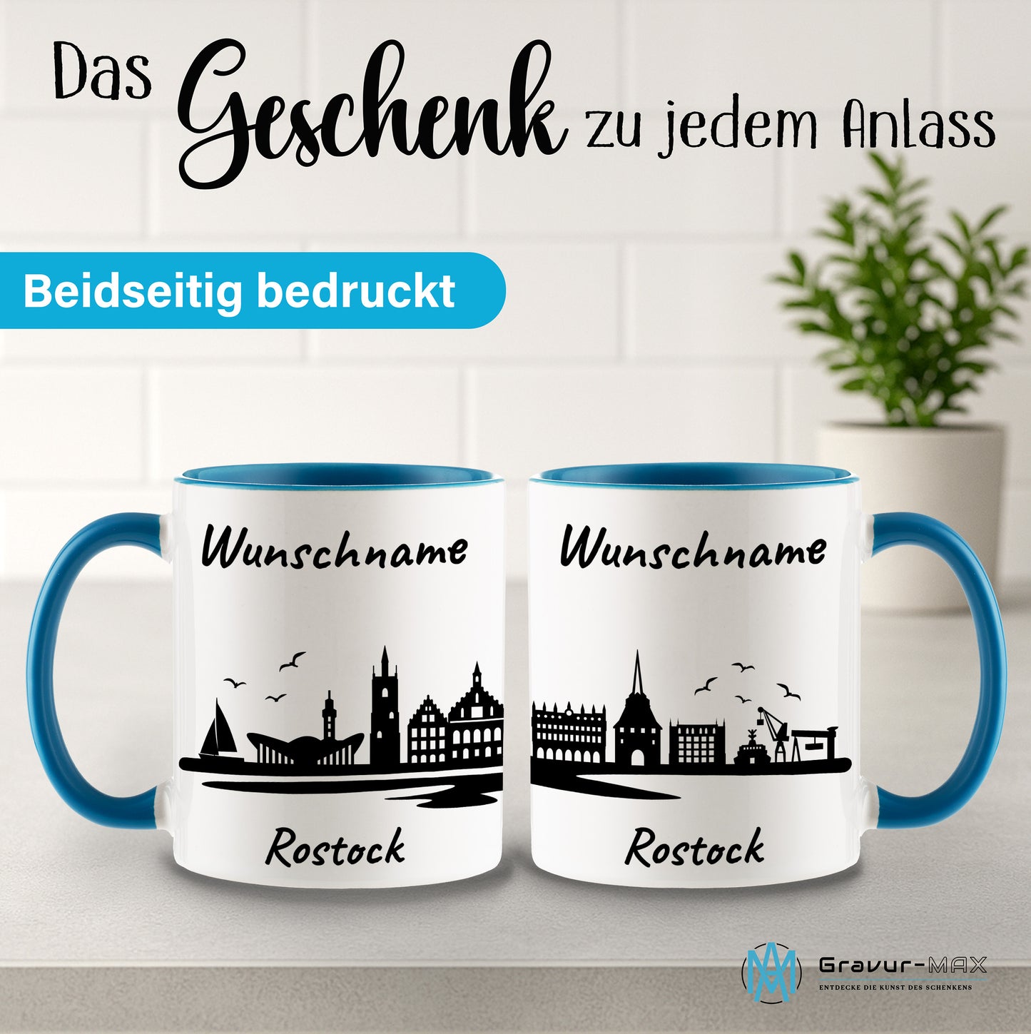 Tasse in Hellblau 330ml bedruckt mit der Skyline von Rostock personalisierbar mit Wunschname
