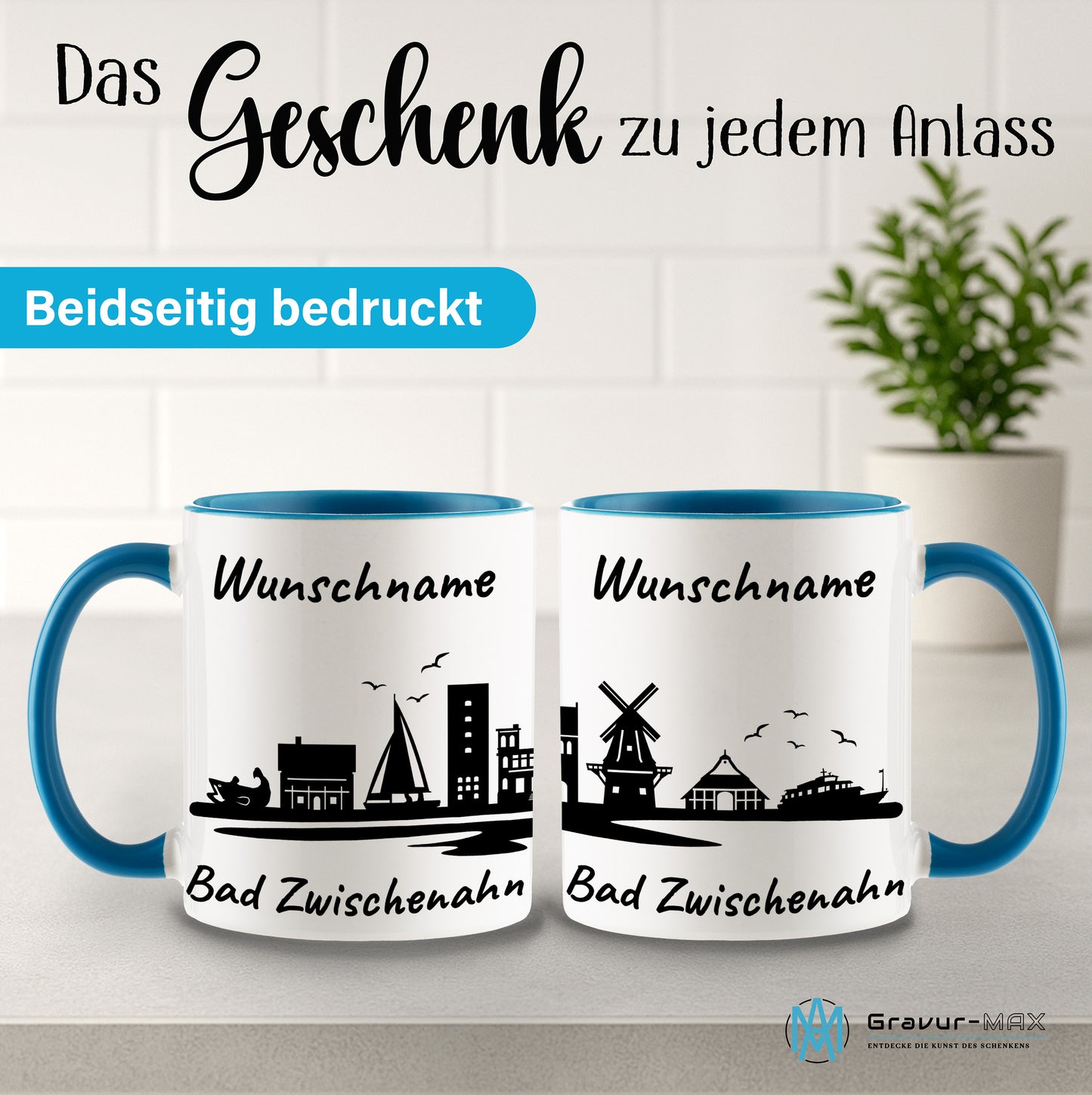 Tasse in Hellblau 330ml bedruckt mit der Skyline von Bad Zwischenahn personalisierbar mit Wunschname