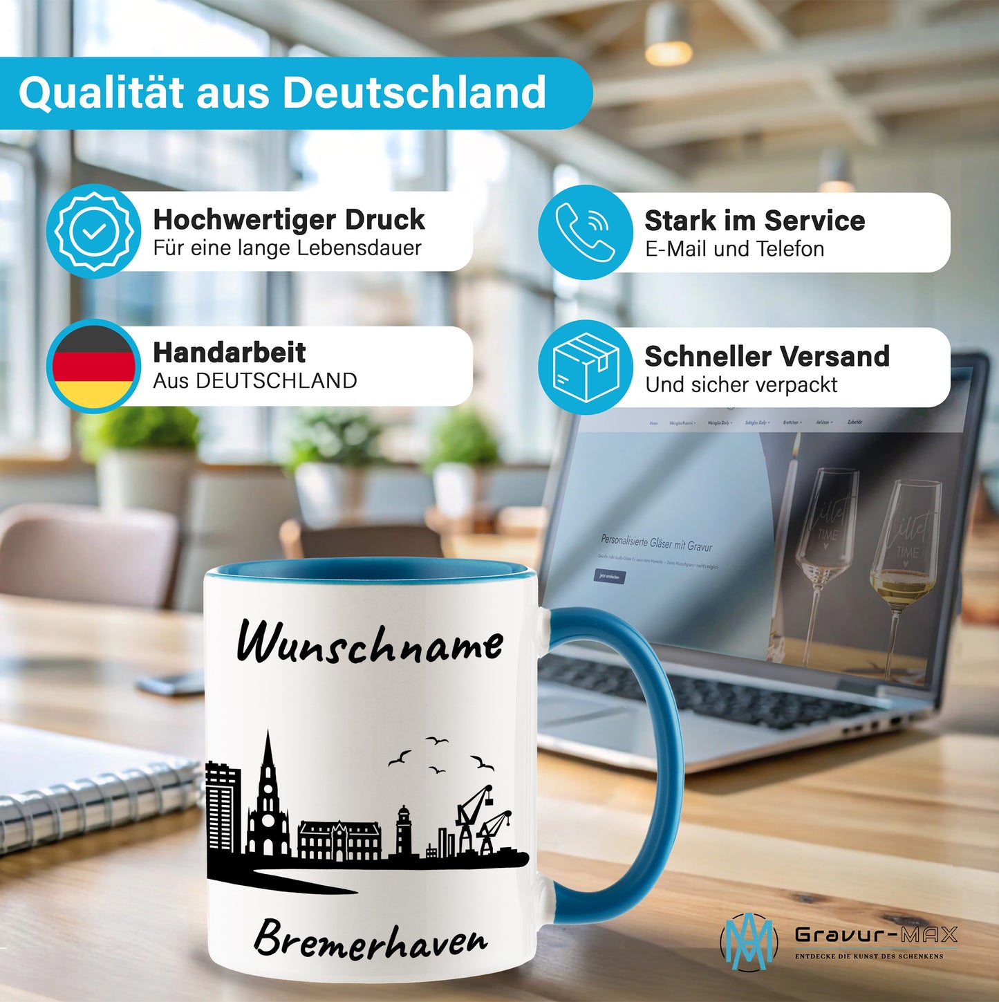 Tasse in Hellblau 330ml bedruckt mit der Skyline von Bremerhaven personalisierbar mit Wunschname