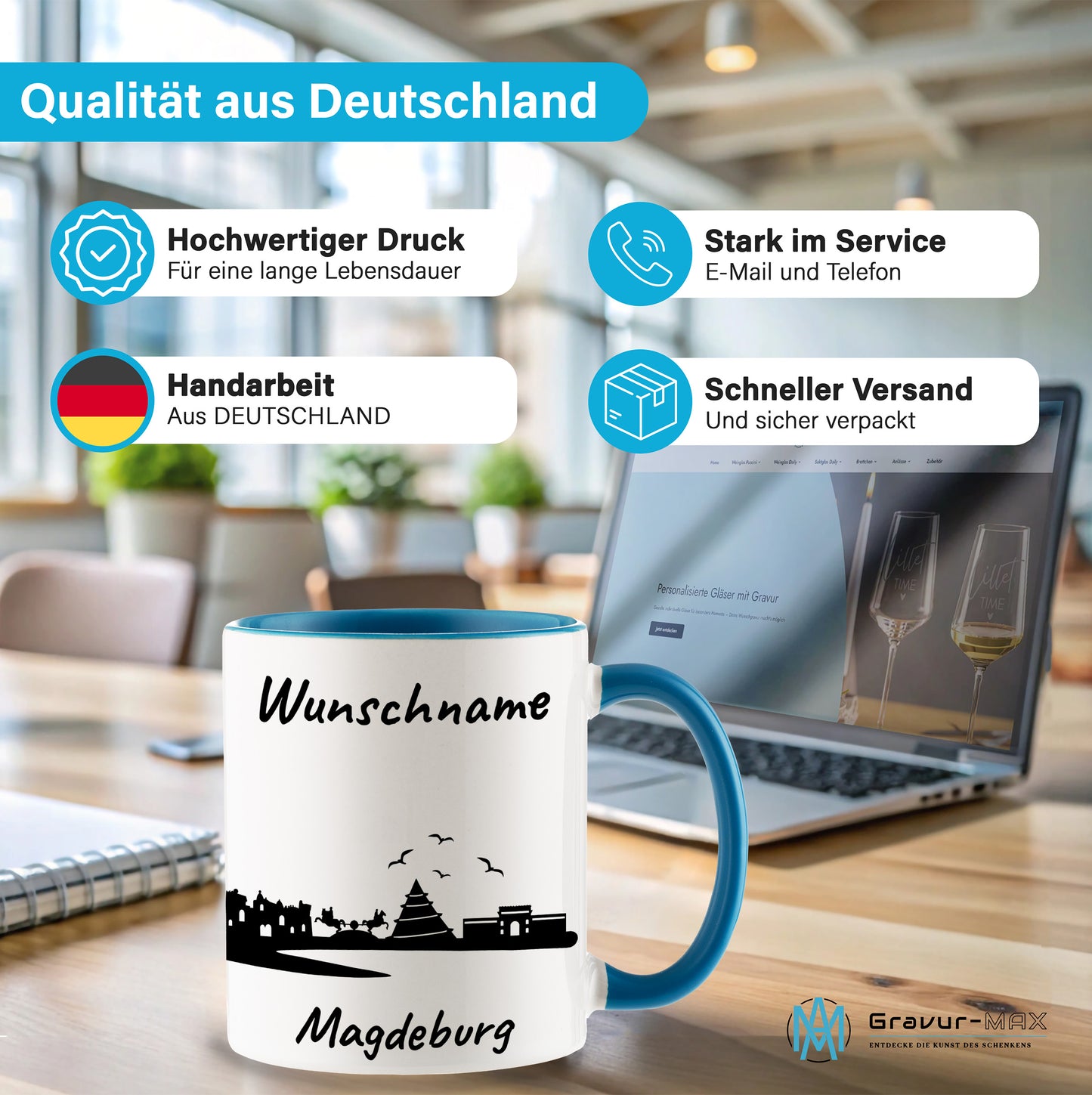 Tasse in Hellblau 330ml bedruckt mit der Skyline von Magdeburg personalisierbar mit Wunschname
