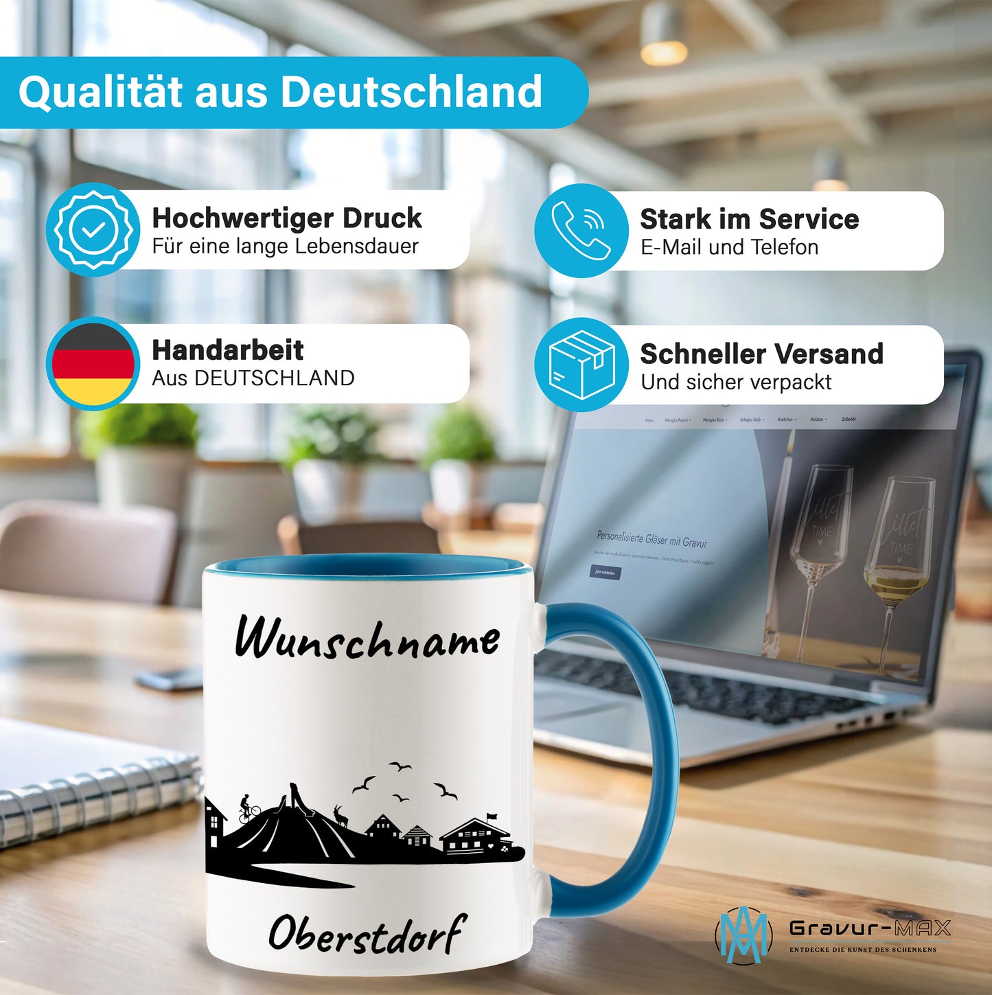 Tasse in Hellblau 330ml bedruckt mit der Skyline von Oberstdorf personalisierbar mit Wunschname