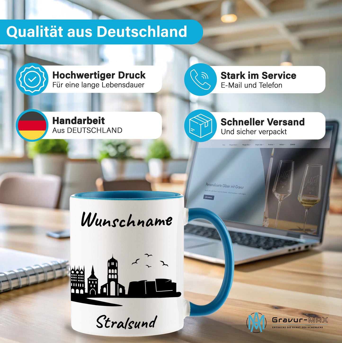 Tasse in Hellblau 330ml bedruckt mit der Skyline von Stralsund personalisierbar mit Wunschname