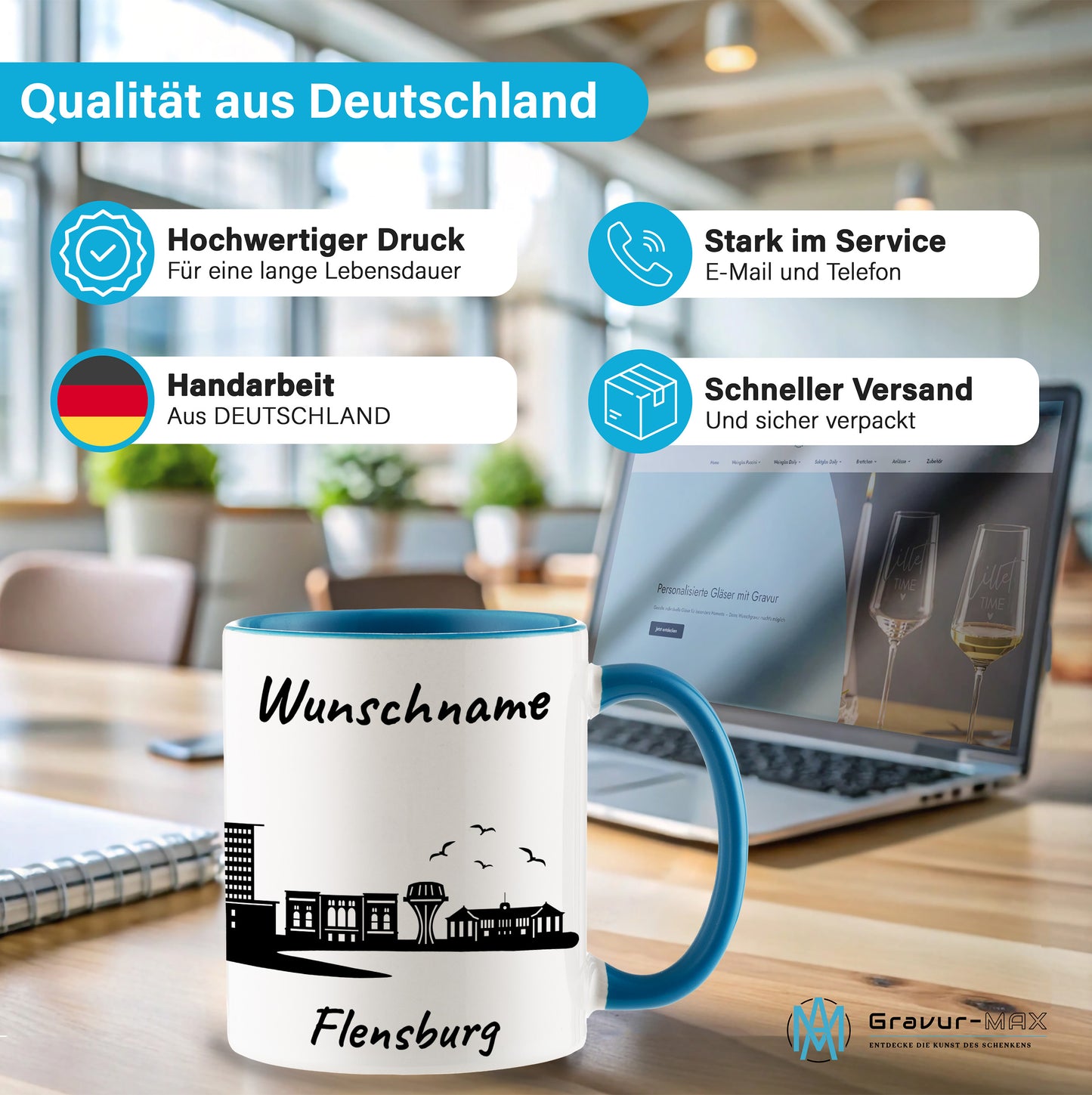 Tasse in Hellblau 330ml bedruckt mit der Skyline von Flensburg personalisierbar mit Wunschname