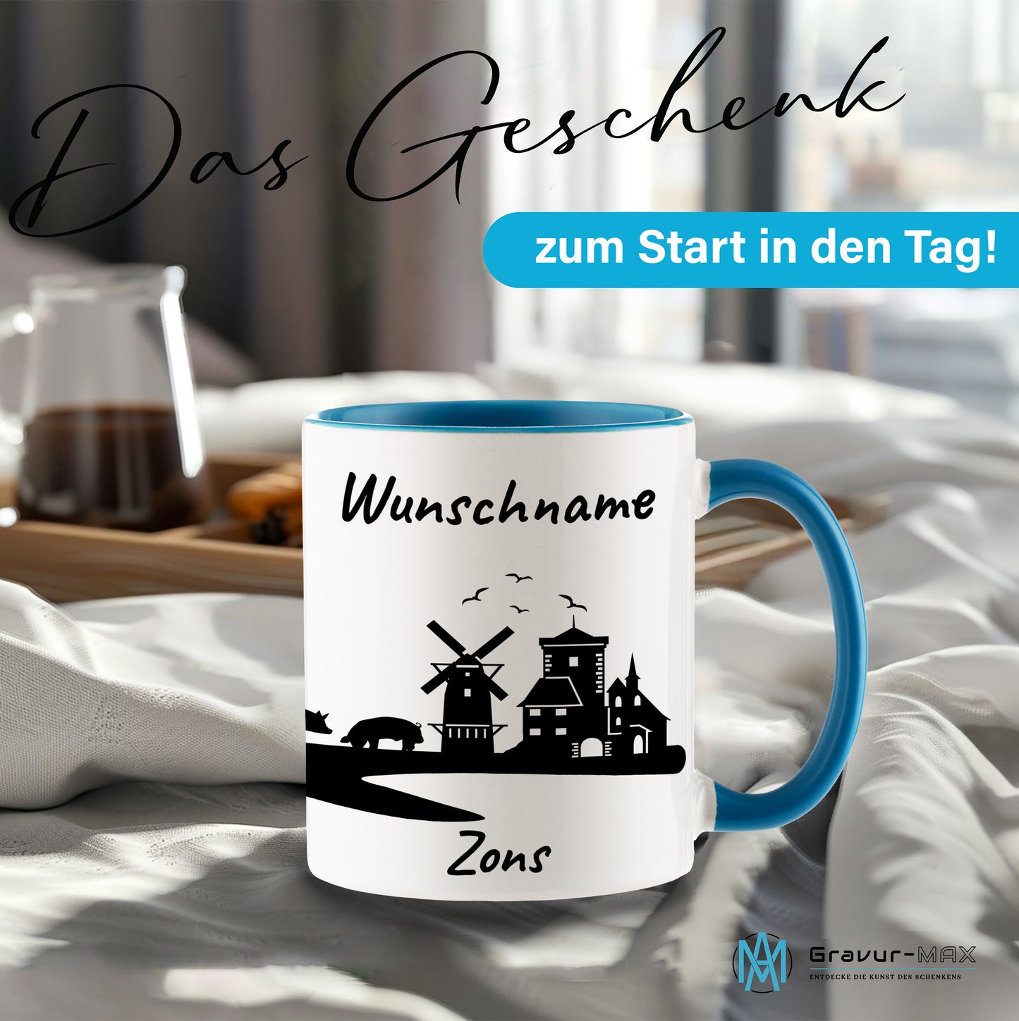 Tasse in Hellblau 330ml bedruckt mit der Skyline von Zons (Dormagen) personalisierbar mit Wunschname