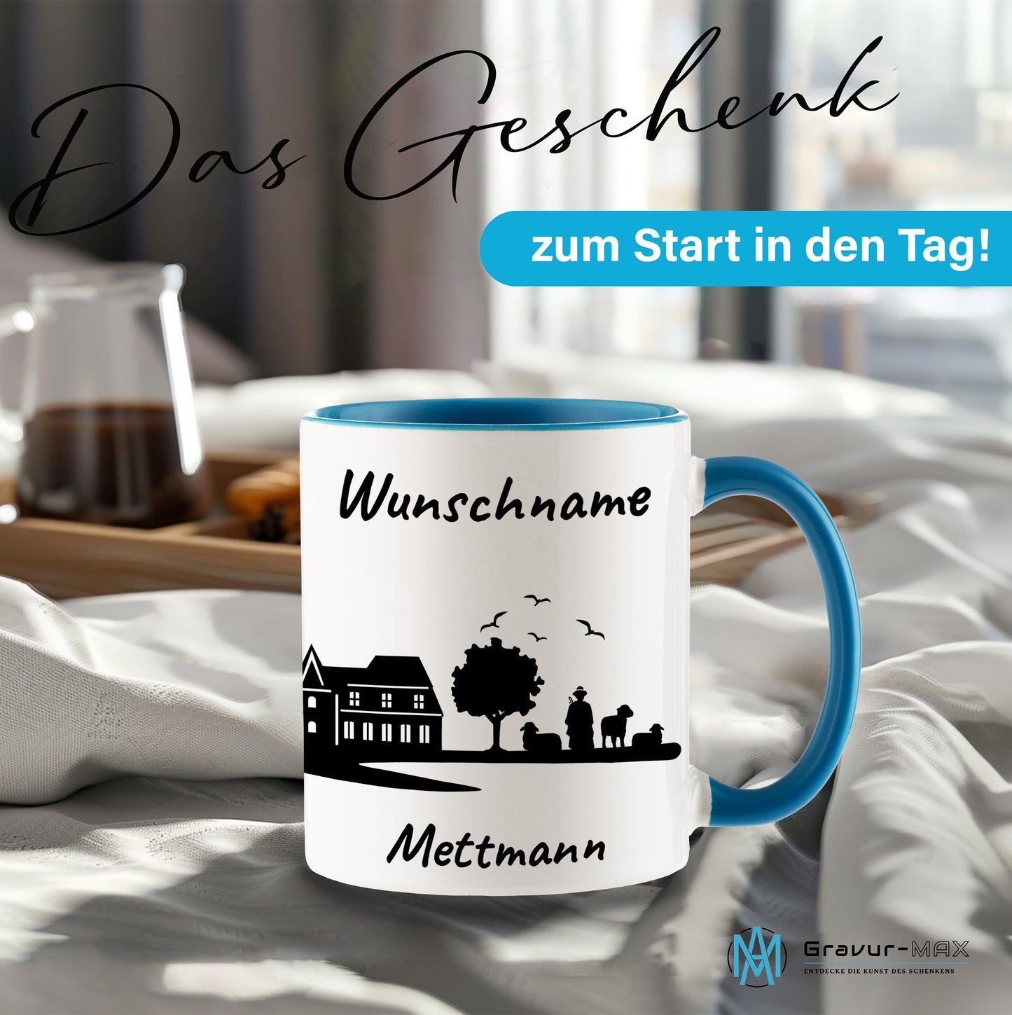 Tasse in Hellblau 330ml bedruckt mit der Skyline von Mettmann personalisierbar mit Wunschname