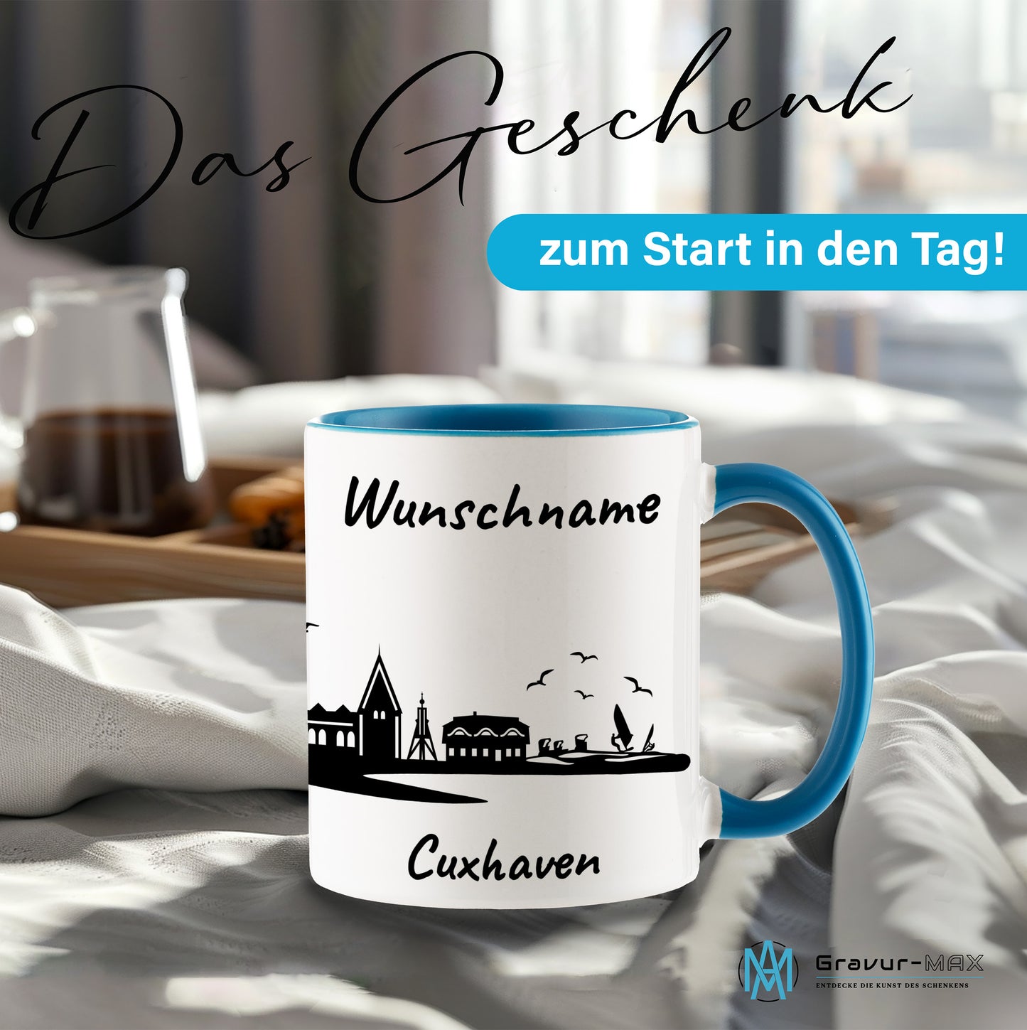 Tasse in Hellblau 330ml bedruckt mit der Skyline von Cuxhaven personalisierbar mit Wunschname