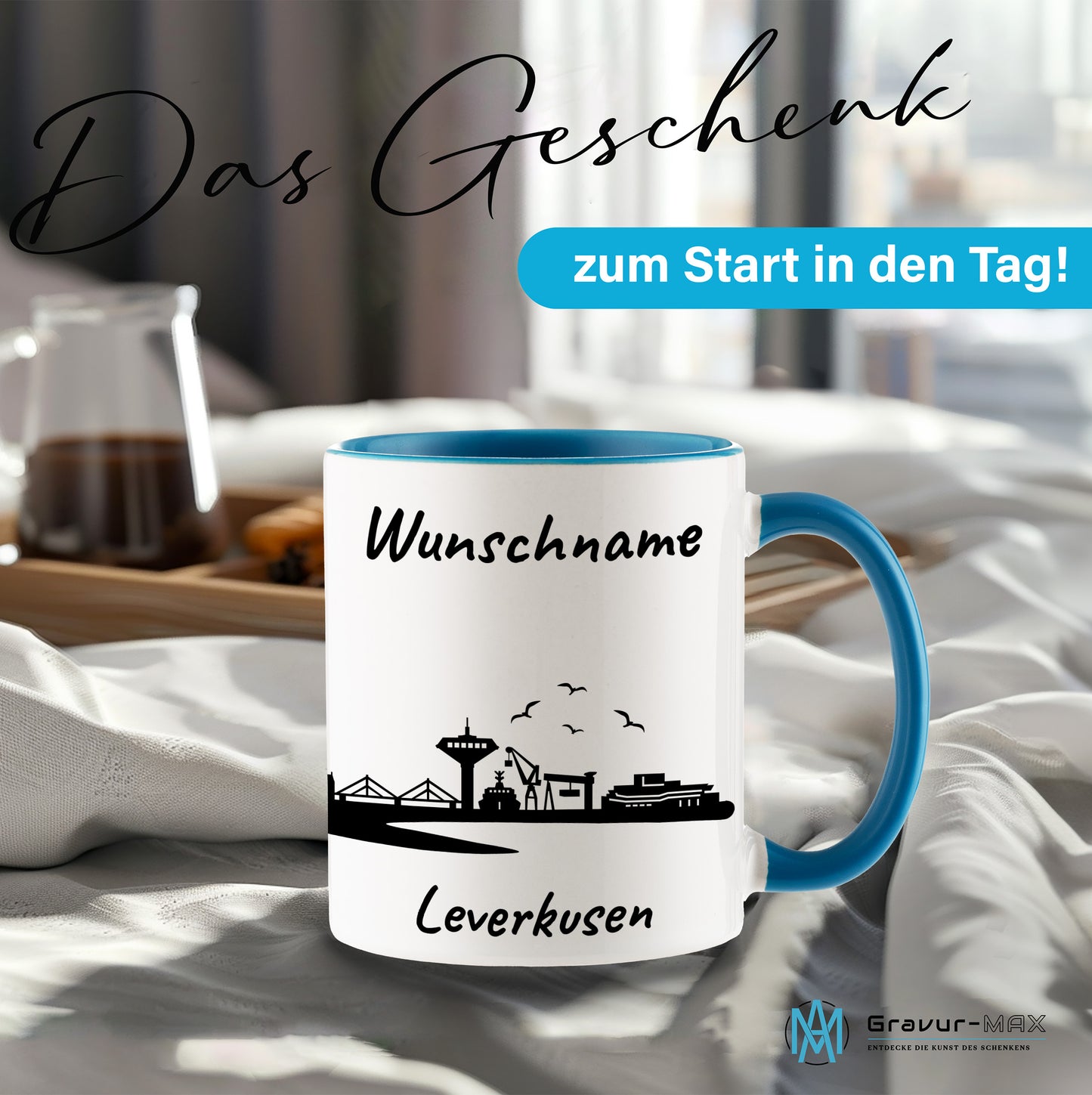 Tasse in Hellblau 330ml bedruckt mit der Skyline von Leverkusen personalisierbar mit Wunschname